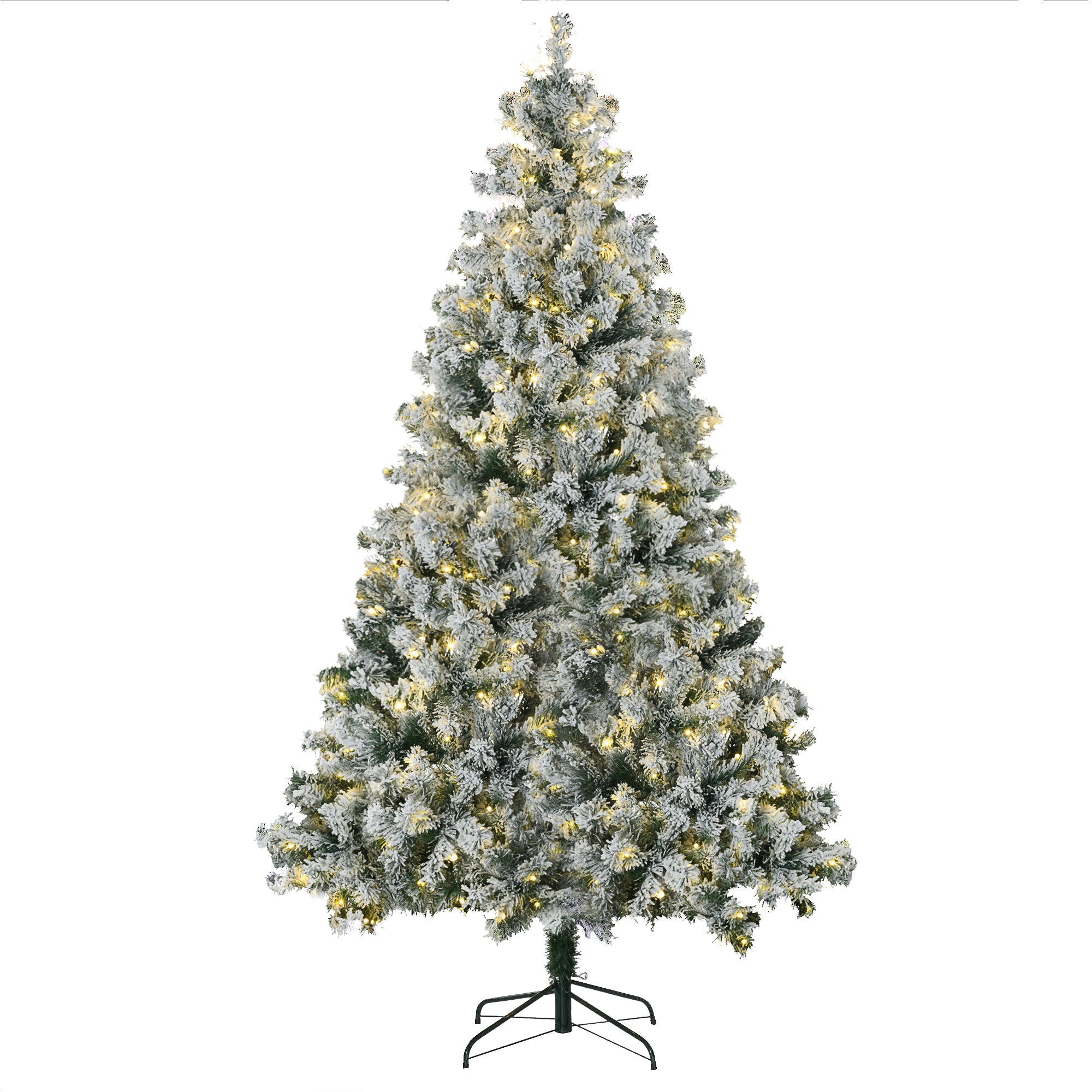 7.5' Artificial Snow Christmas Trees with Frosted Branches, Warm White or Colorful LED Lights, Steel Base