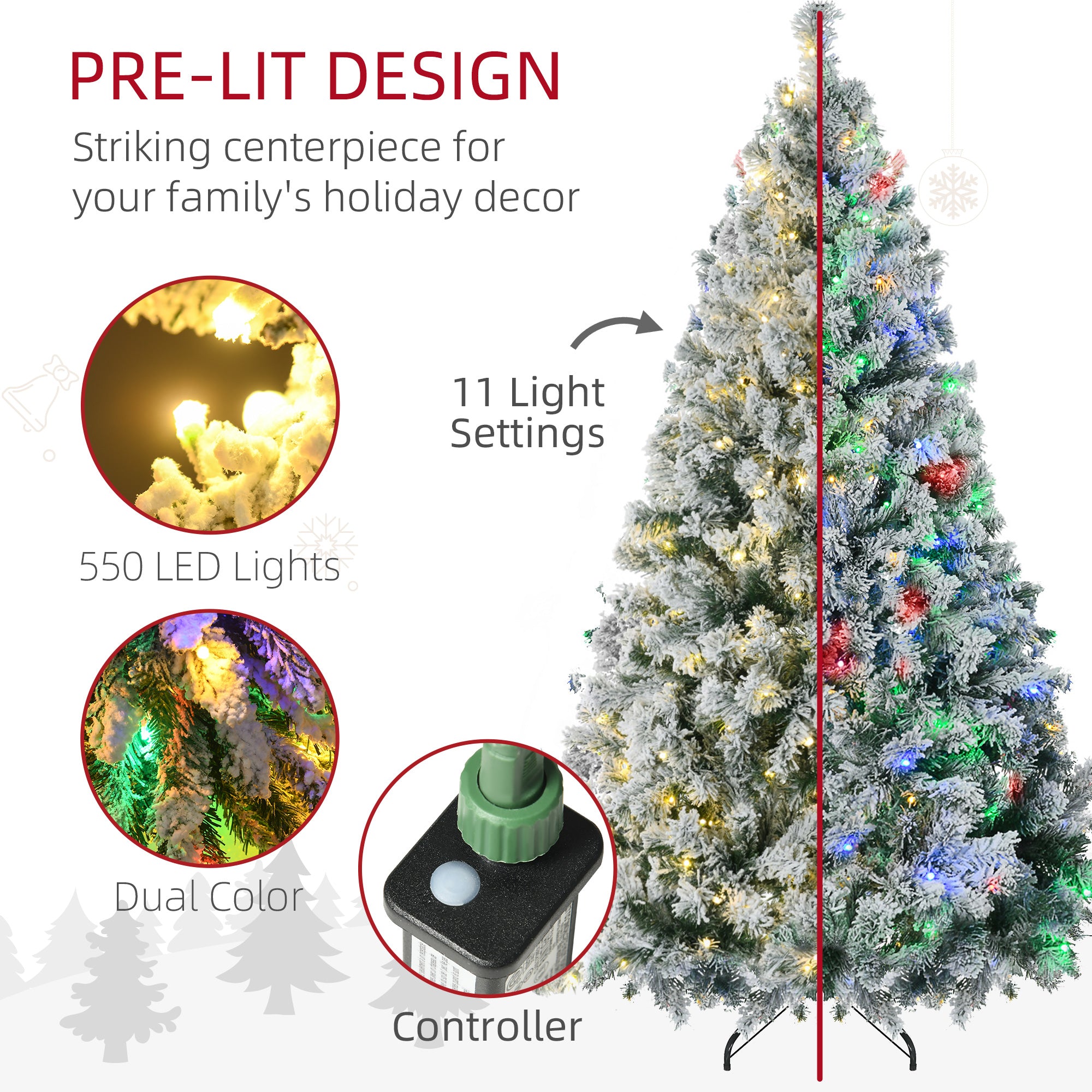 7.5' Artificial Snow Christmas Trees with Frosted Branches, Warm White or Colorful LED Lights, Steel Base