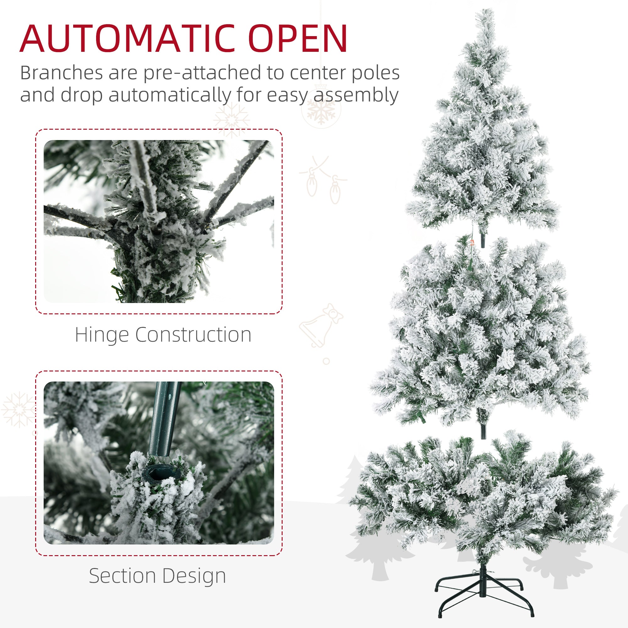 7.5' Artificial Snow Christmas Trees with Frosted Branches, Warm White or Colorful LED Lights, Steel Base