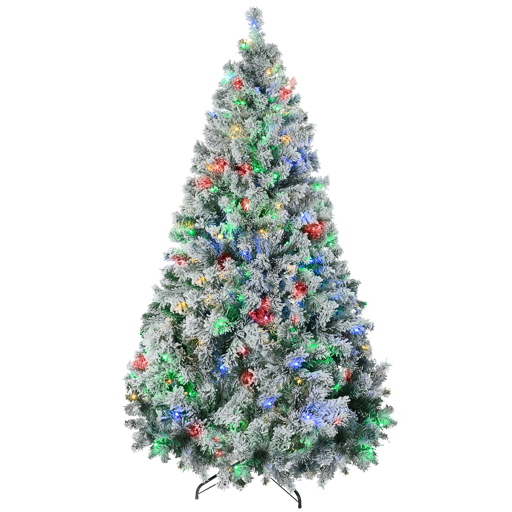 7.5' Artificial Snow Christmas Trees with Frosted Branches, Warm White or Colorful LED Lights, Steel Base