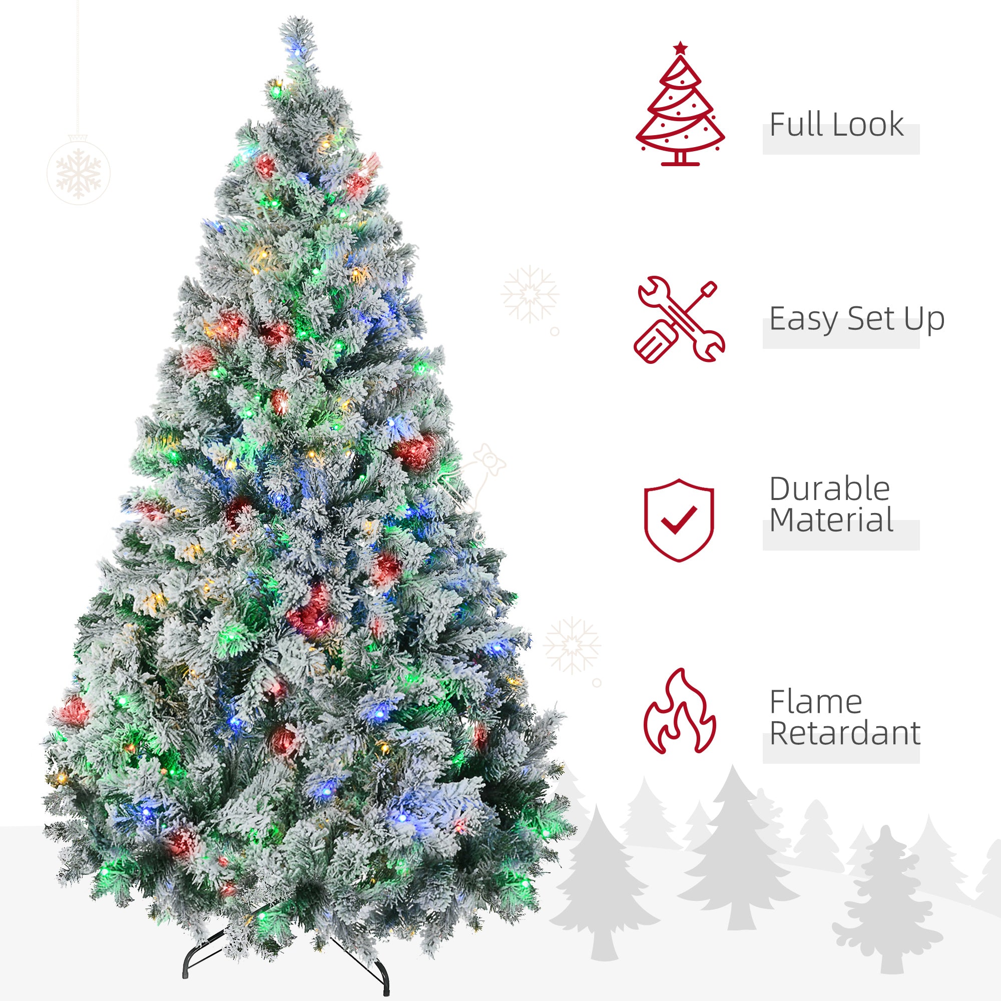 7.5' Artificial Snow Christmas Trees with Frosted Branches, Warm White or Colorful LED Lights, Steel Base