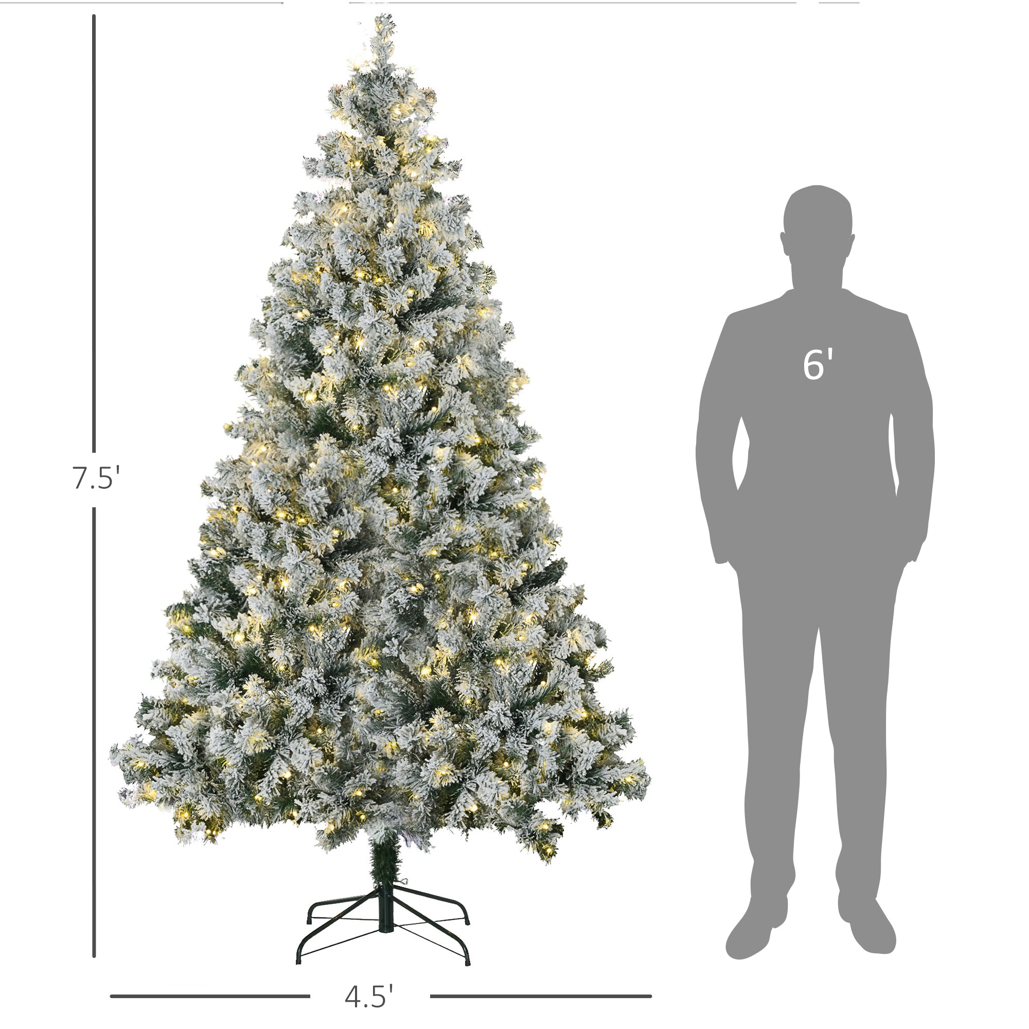 7.5' Artificial Snow Christmas Trees with Frosted Branches, Warm White or Colorful LED Lights, Steel Base