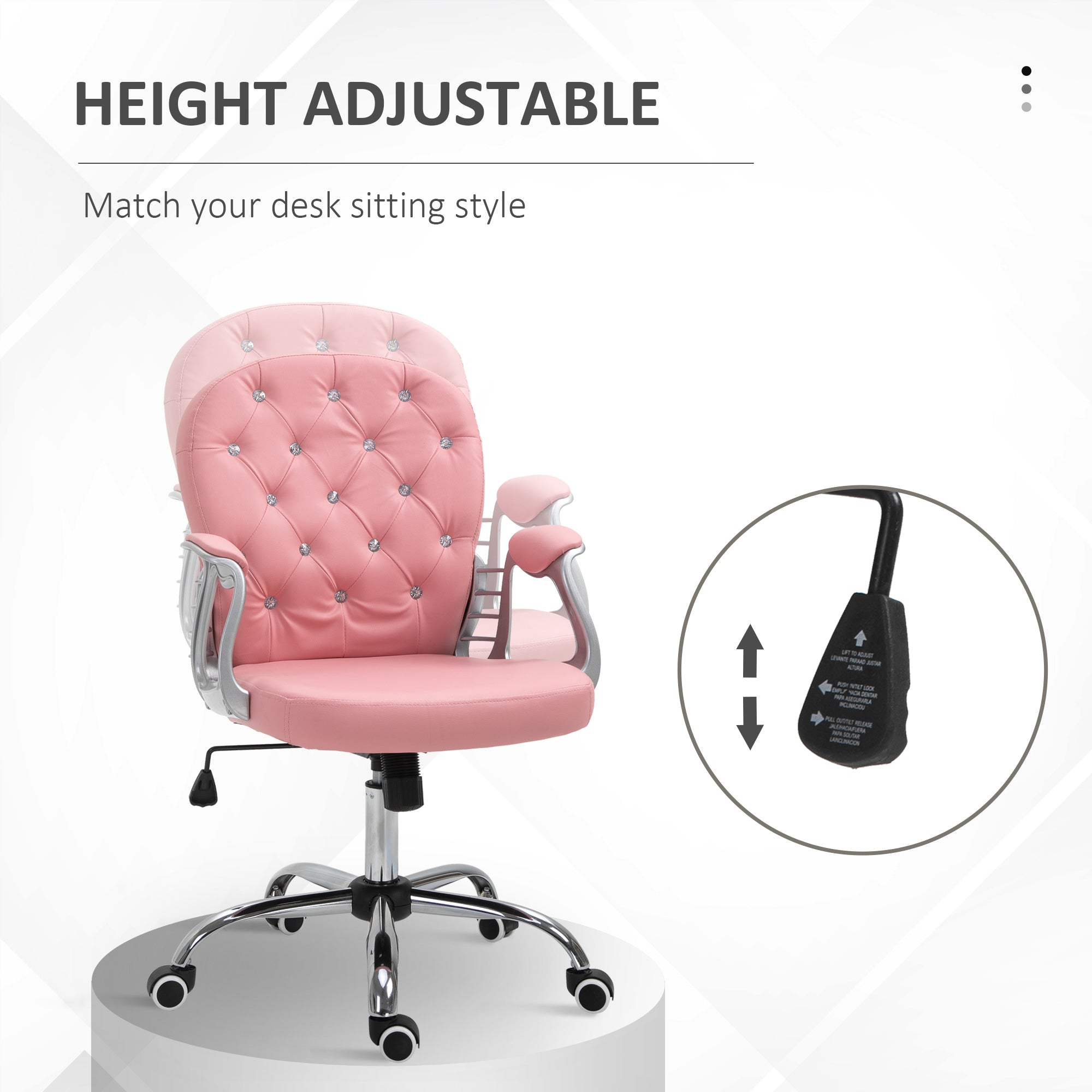 Vinsetto Office Chair, Swivel Desk Chair, PU Vanity Chair with Adjustable Height and Rolling Wheels for Home Work Study, Pink