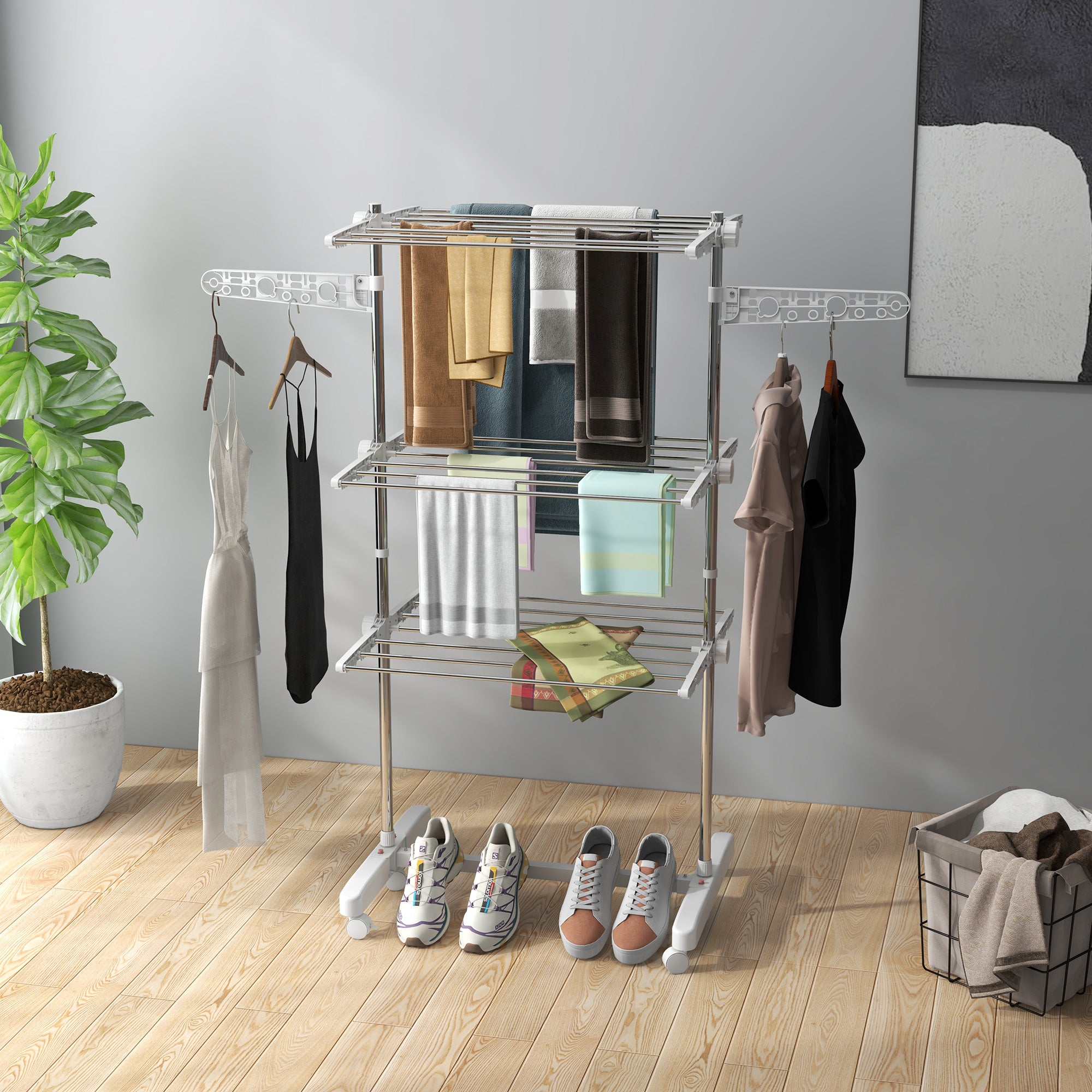 HOMCOM 3-Tier Clothes Airer, Foldable Clothes Drying Rack, Stainless Steel Indoor and Outdoor Clothes Dryer with Wheels and Wings, Easy Assembly, 142 x 55 x 152cm, White