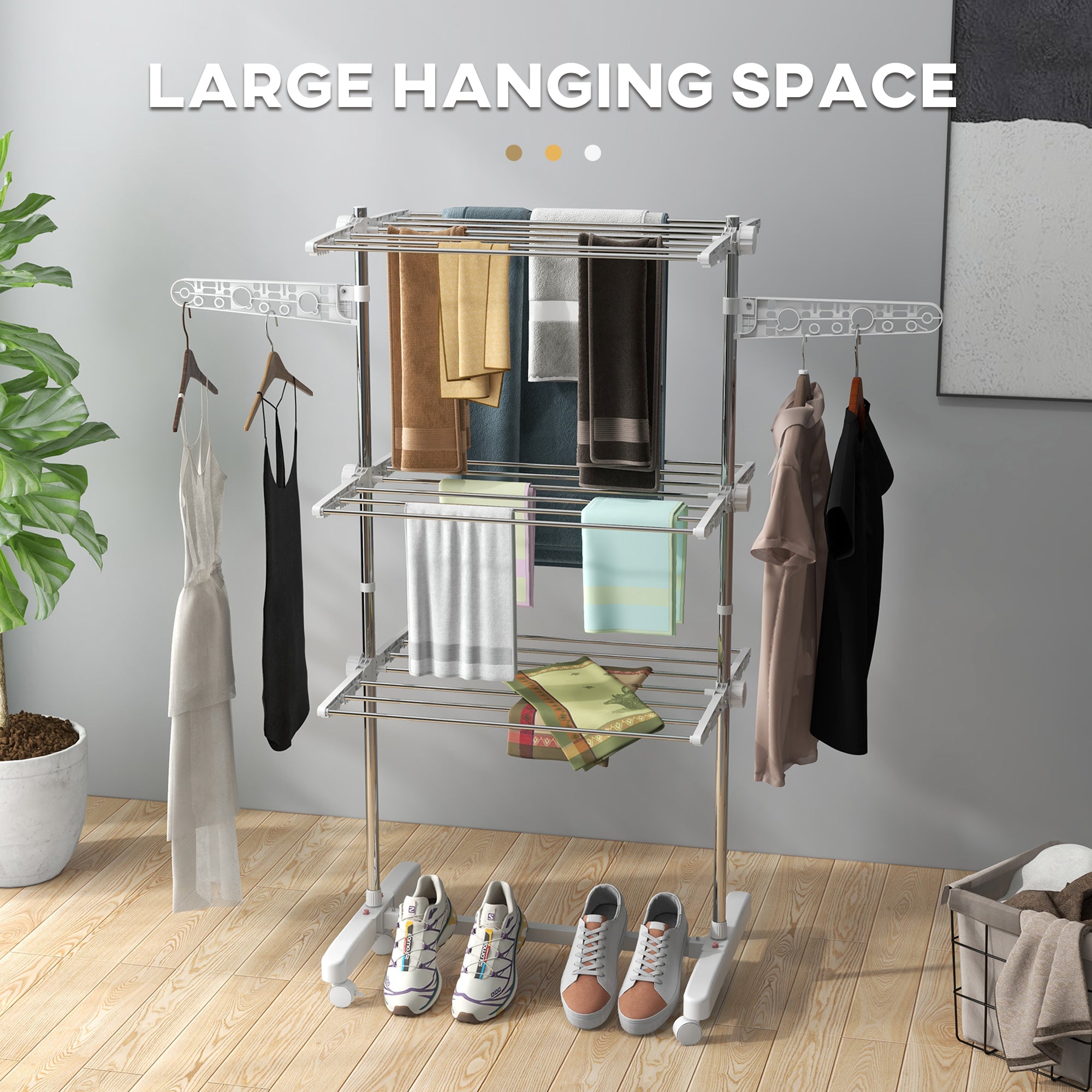 HOMCOM 3-Tier Clothes Airer, Foldable Clothes Drying Rack, Stainless Steel Indoor and Outdoor Clothes Dryer with Wheels and Wings, Easy Assembly, 142 x 55 x 152cm, White