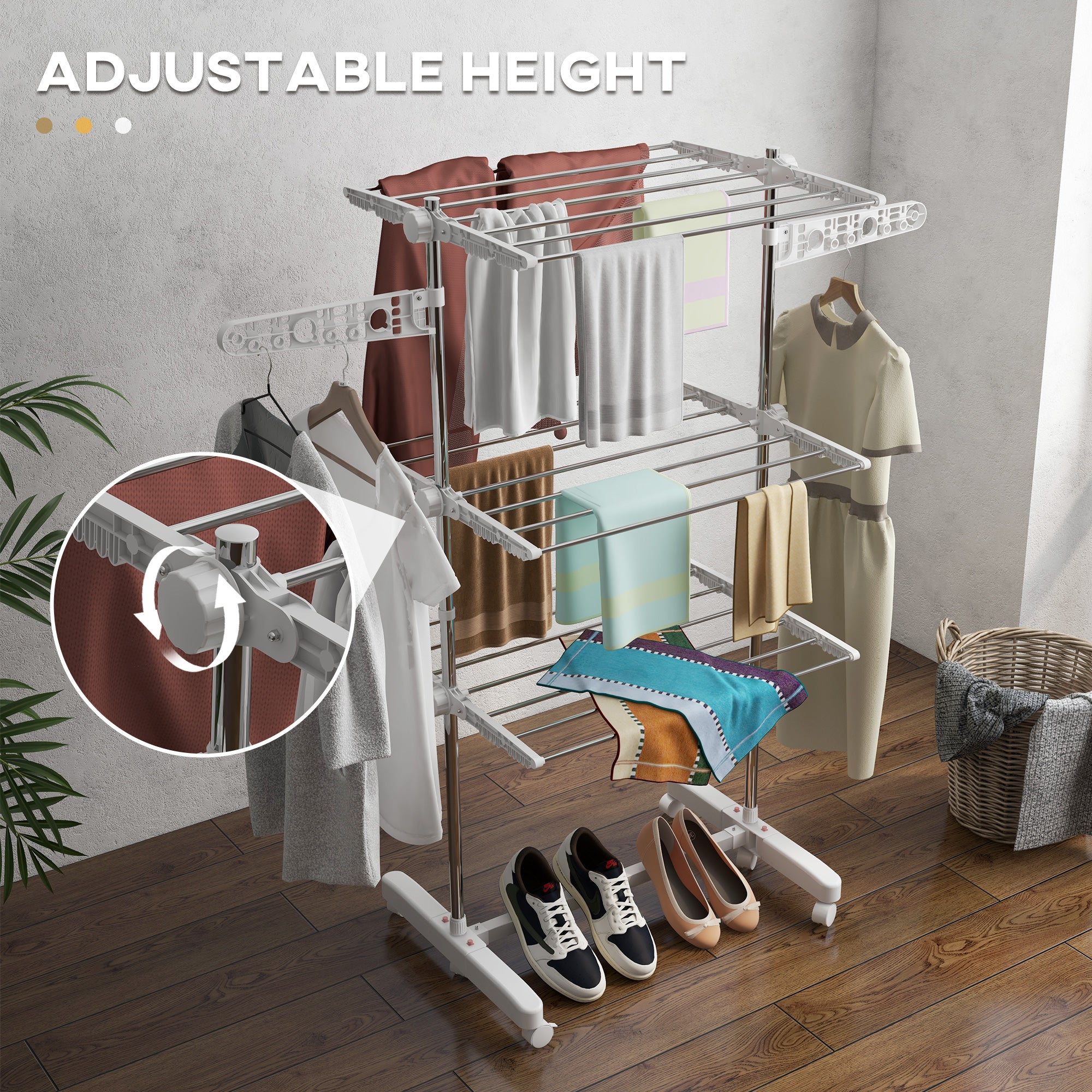 HOMCOM 3-Tier Clothes Airer, Foldable Clothes Drying Rack, Stainless Steel Indoor and Outdoor Clothes Dryer with Wheels and Wings, Easy Assembly, 142 x 55 x 152cm, White