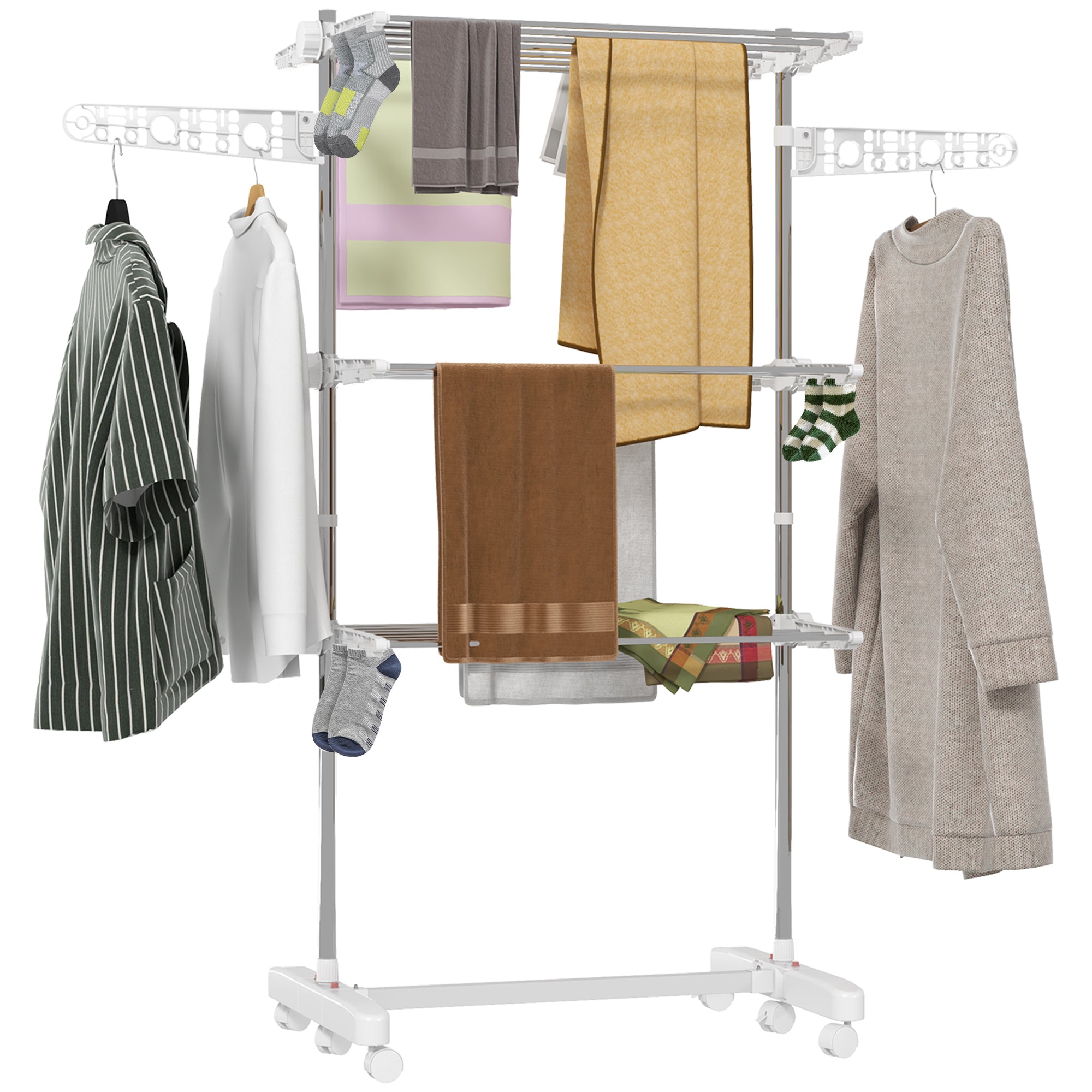 HOMCOM 3-Tier Clothes Airer, Foldable Clothes Drying Rack, Stainless Steel Indoor and Outdoor Clothes Dryer with Wheels and Wings, Easy Assembly, 142 x 55 x 152cm, White