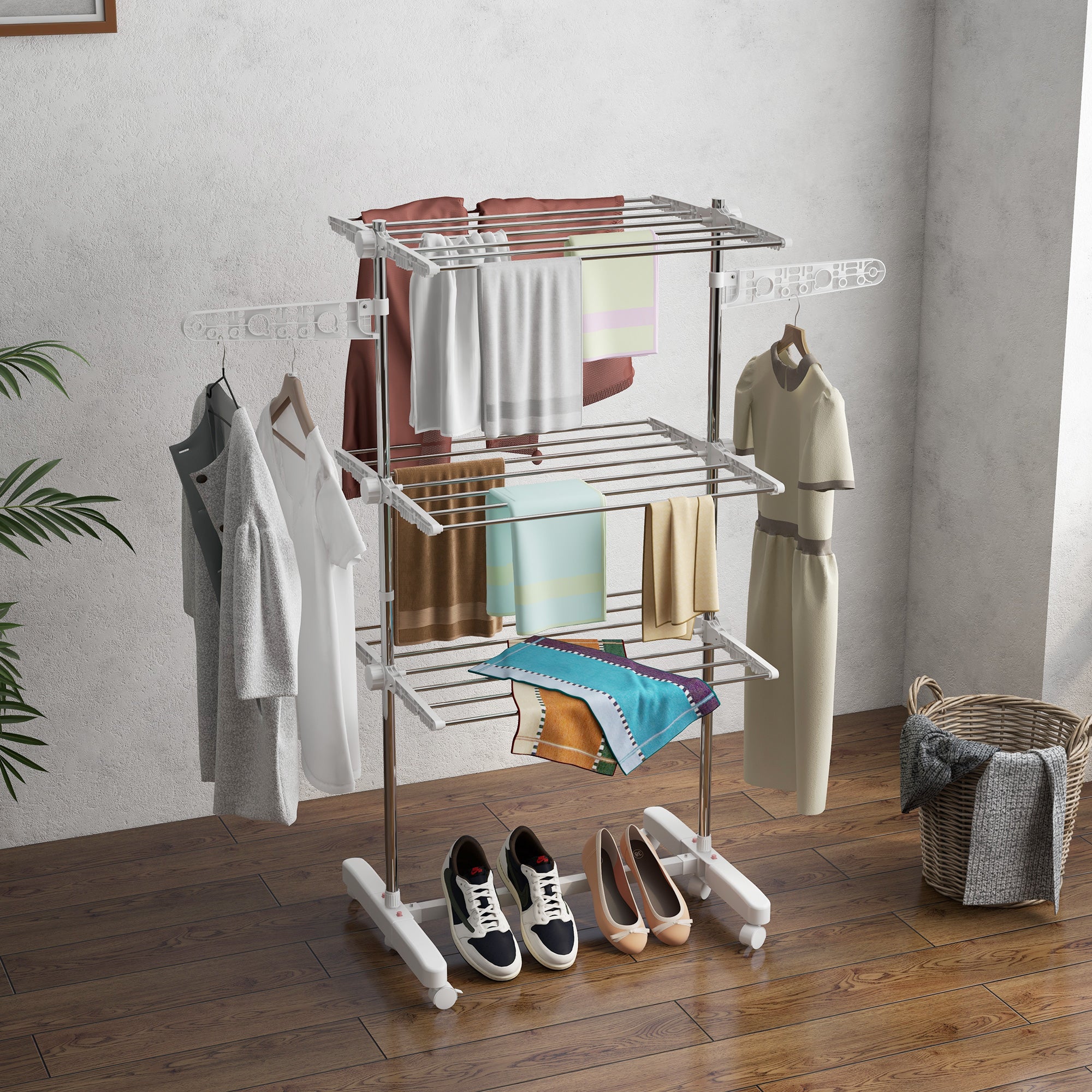 HOMCOM 3-Tier Clothes Airer, Foldable Clothes Drying Rack, Stainless Steel Indoor and Outdoor Clothes Dryer with Wheels and Wings, Easy Assembly, 142 x 55 x 152cm, White
