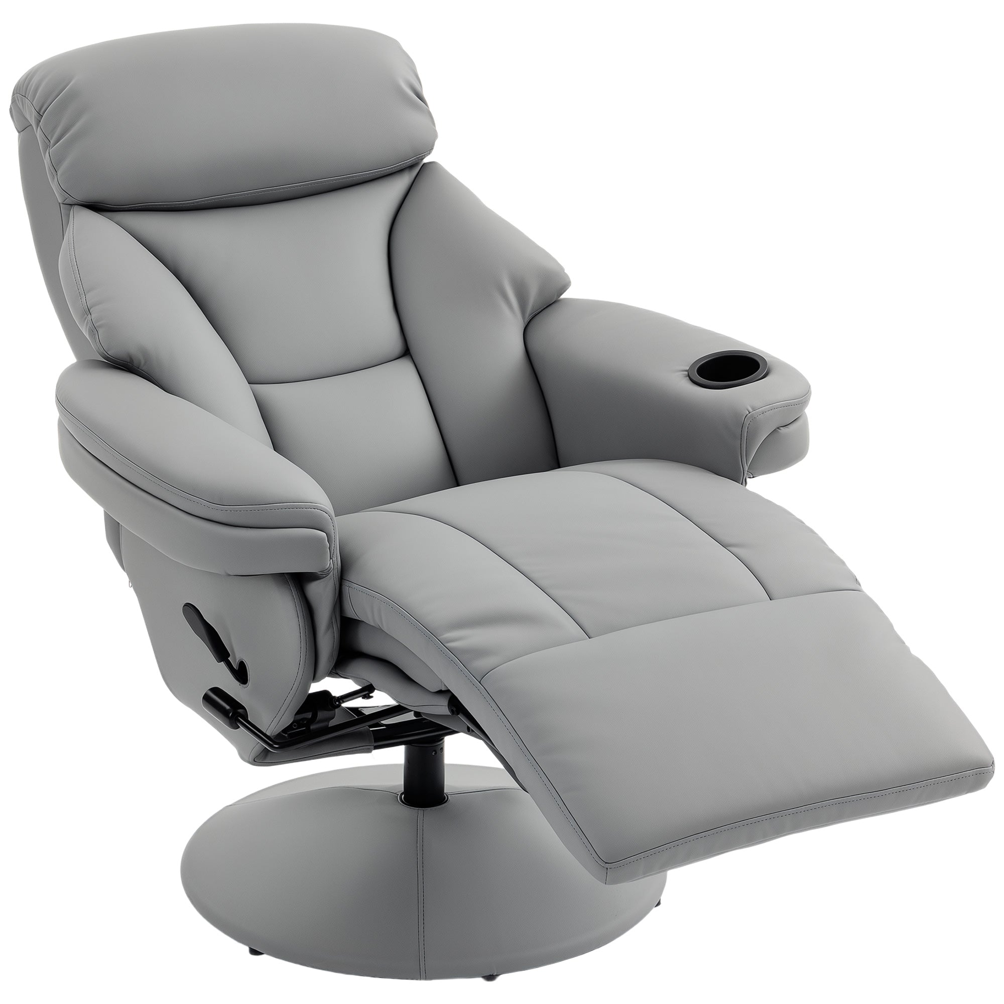 Manual Recliner Chair with Footrest, Upholstered Reclining Armchair with Adjustable Backrest and Cup Holder, PU Leather Swivel Chair for Living Room, Bedroom, Grey