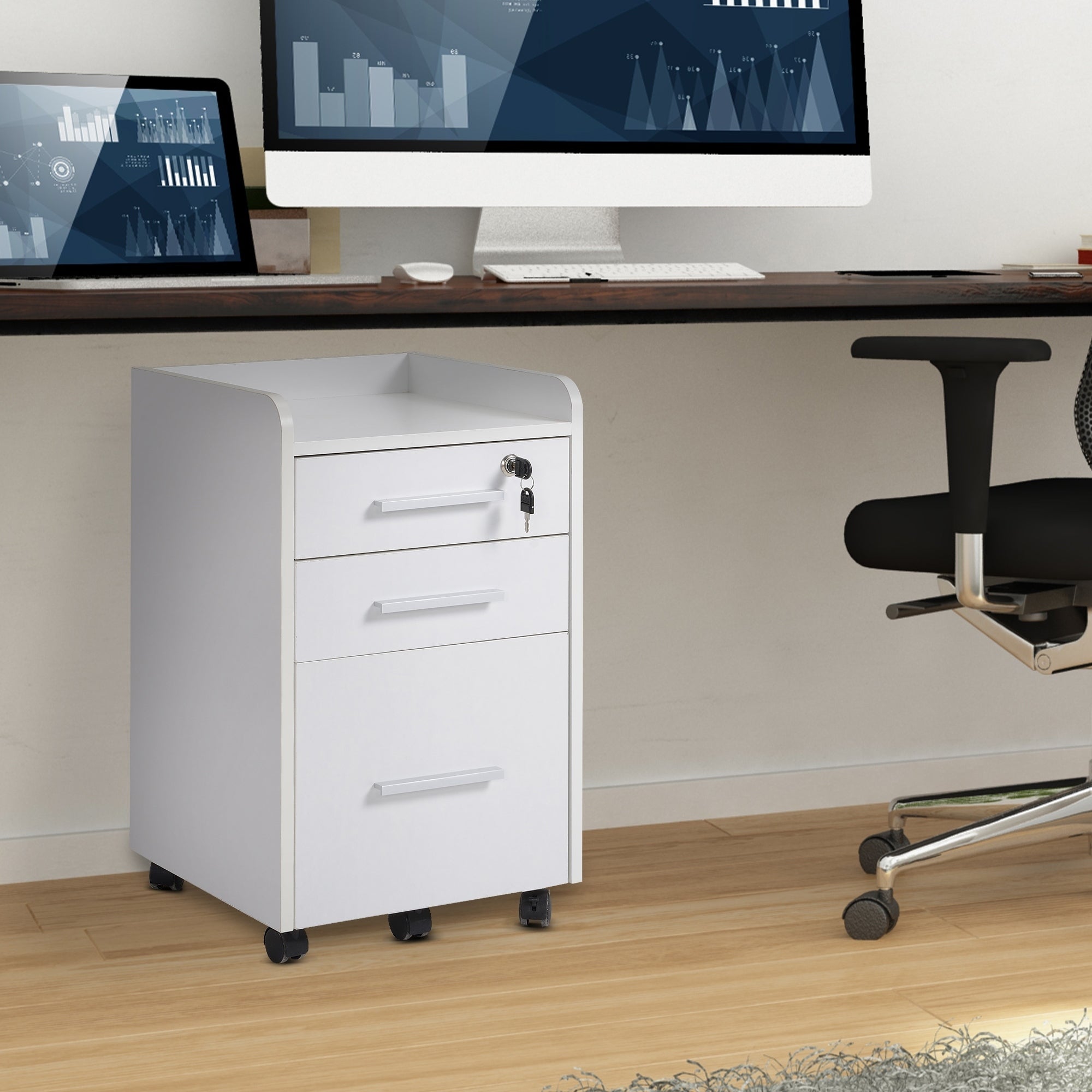 3 Drawer Vertical File Cabinet with Lock and Edged Top, Rolling Printer Stand with Hanging Rails for for A4/Letter/Legal Files, Filing Cabinet for Home Office, 15.4" x 15.7" x 25.7", White