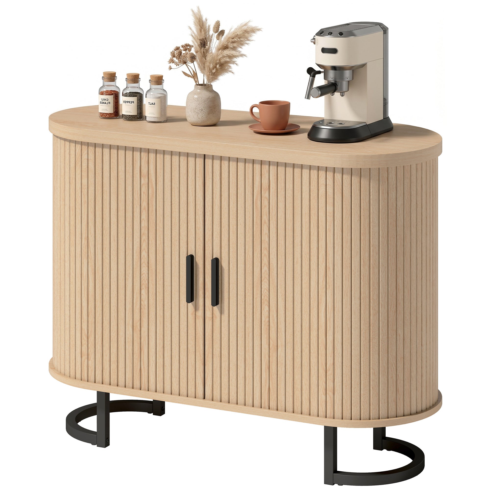 Sideboard Buffet Cabinet with Curved Tambour Doors and Thick Tabletop, 39.4" Coffee Bar Cabinet with Arc Metal Legs, Coffee Bar Station, Natural Wood