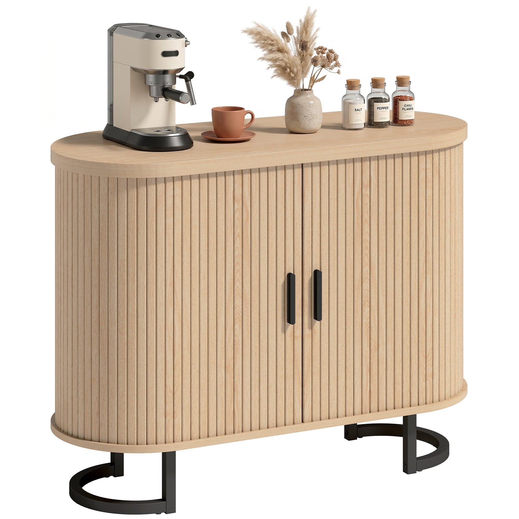 Sideboard Buffet Cabinet with Curved Tambour Doors and Thick Tabletop, 39.4" Coffee Bar Cabinet with Arc Metal Legs, Coffee Bar Station, Natural Wood