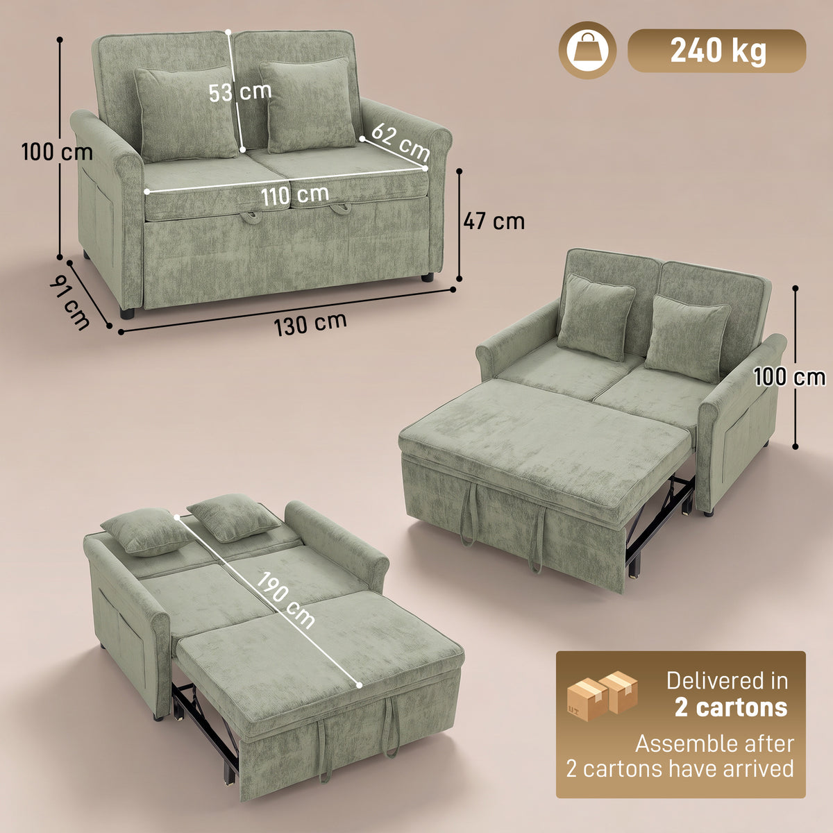 2 Seater Sofa Bed, 3-in-1 Convertible Pull Out Double Sleeper Sofa 190 x 130 cm, 5-Position Adjustable Backrest, Chenille Loveseat Bed Settee for Living Room, Bedroom, Guest Room, Light Green