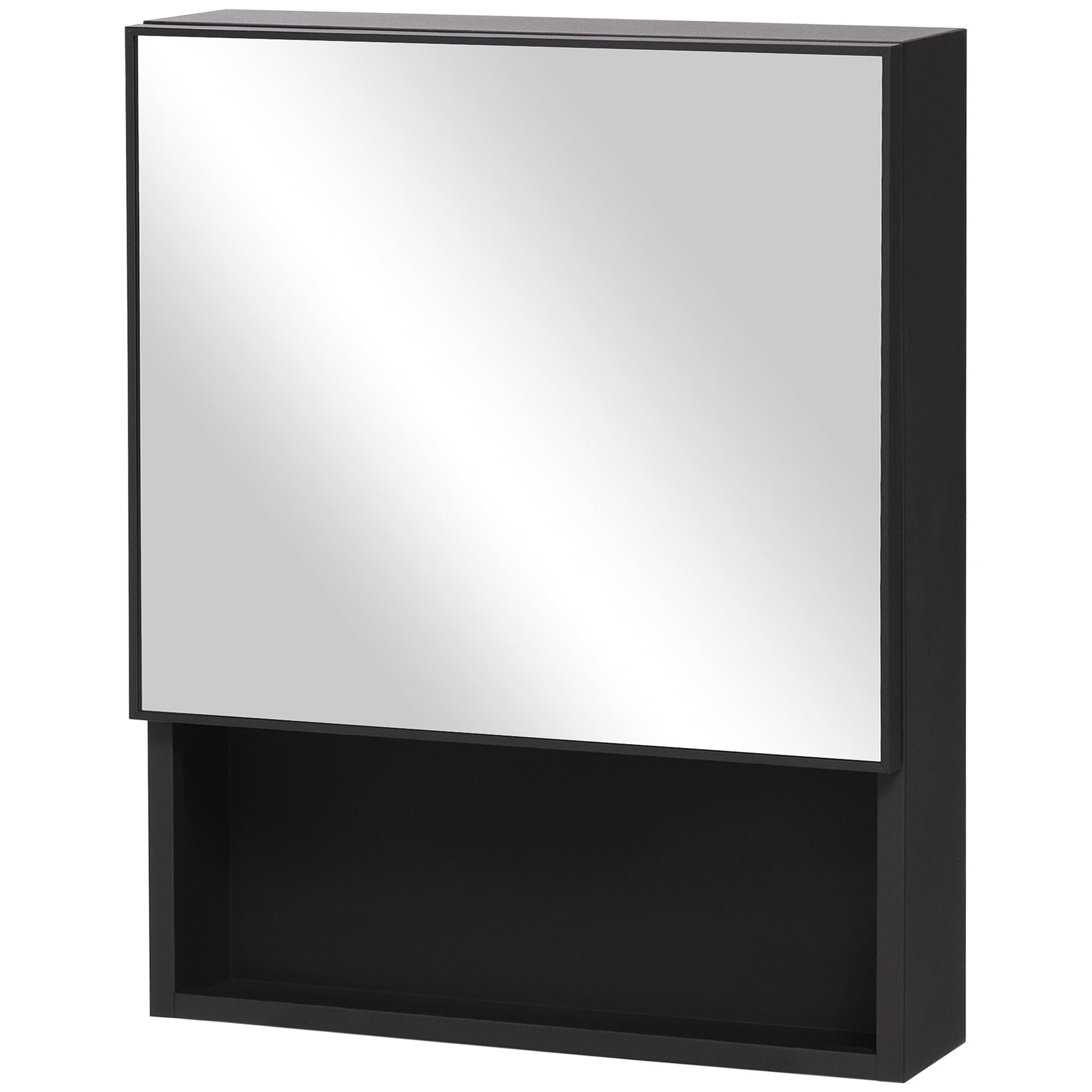 kleankin Bathroom Medicine Cabinet, Wall-Mounted Mirror Cabinet with Single Door, Storage Shelves and Stainless Steel Frame for Laundry Room, Black