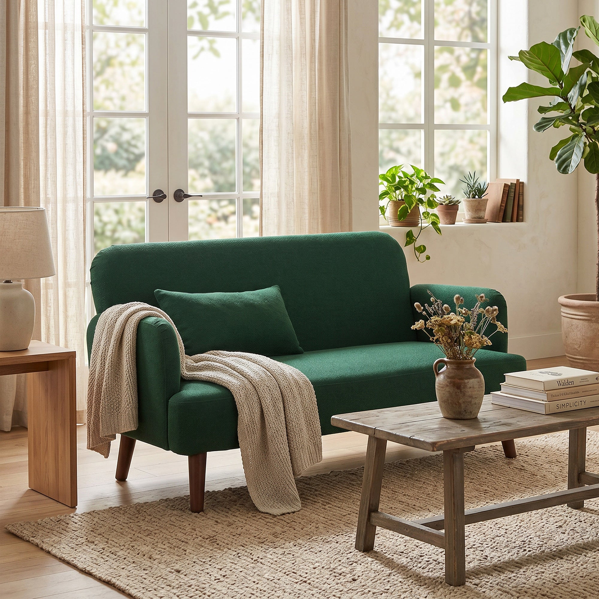 2 Seater Sofa, Small Sofa with 21cm Thick Padding and Wood Legs, Modern Velvet Feel Fabric Loveseat for Living Room, Bedroom, Home Office, Dark Green