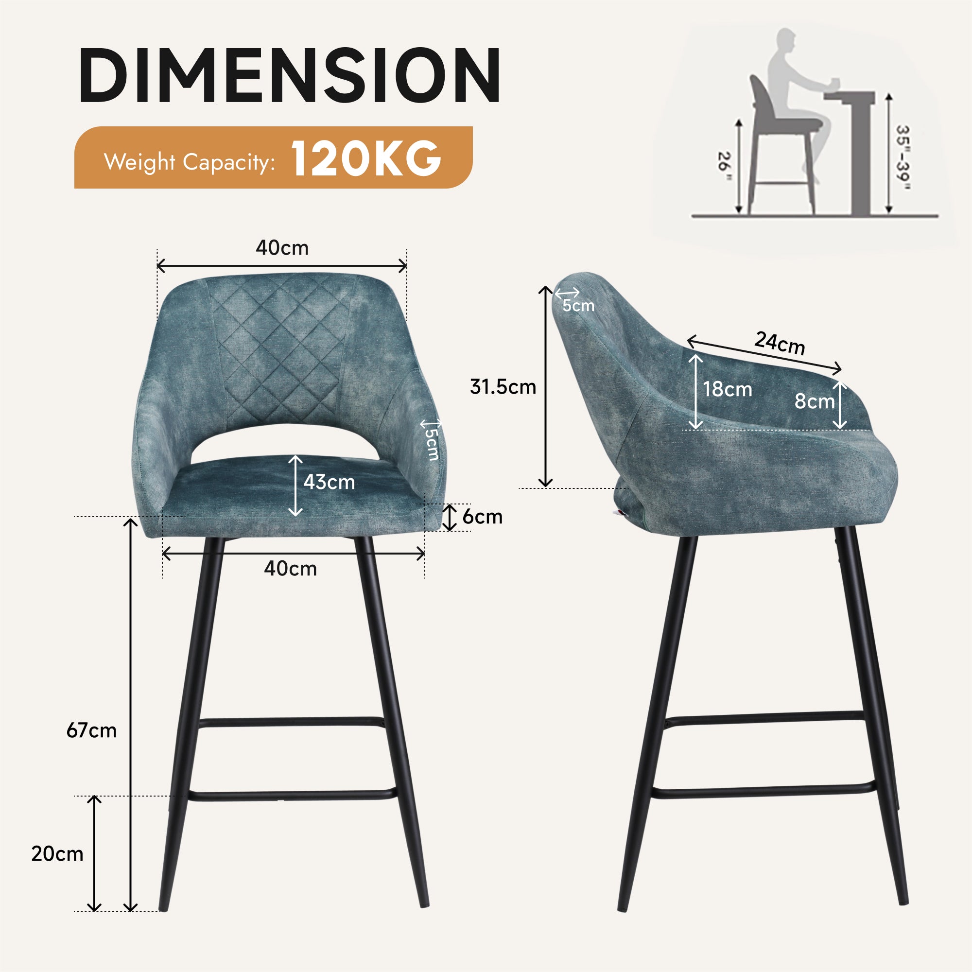 Aura Velvet Bar Stools Set of 2, Velvet-feel Fabric Counter Height Chairs with Steel Legs, Blue - HOMCOM