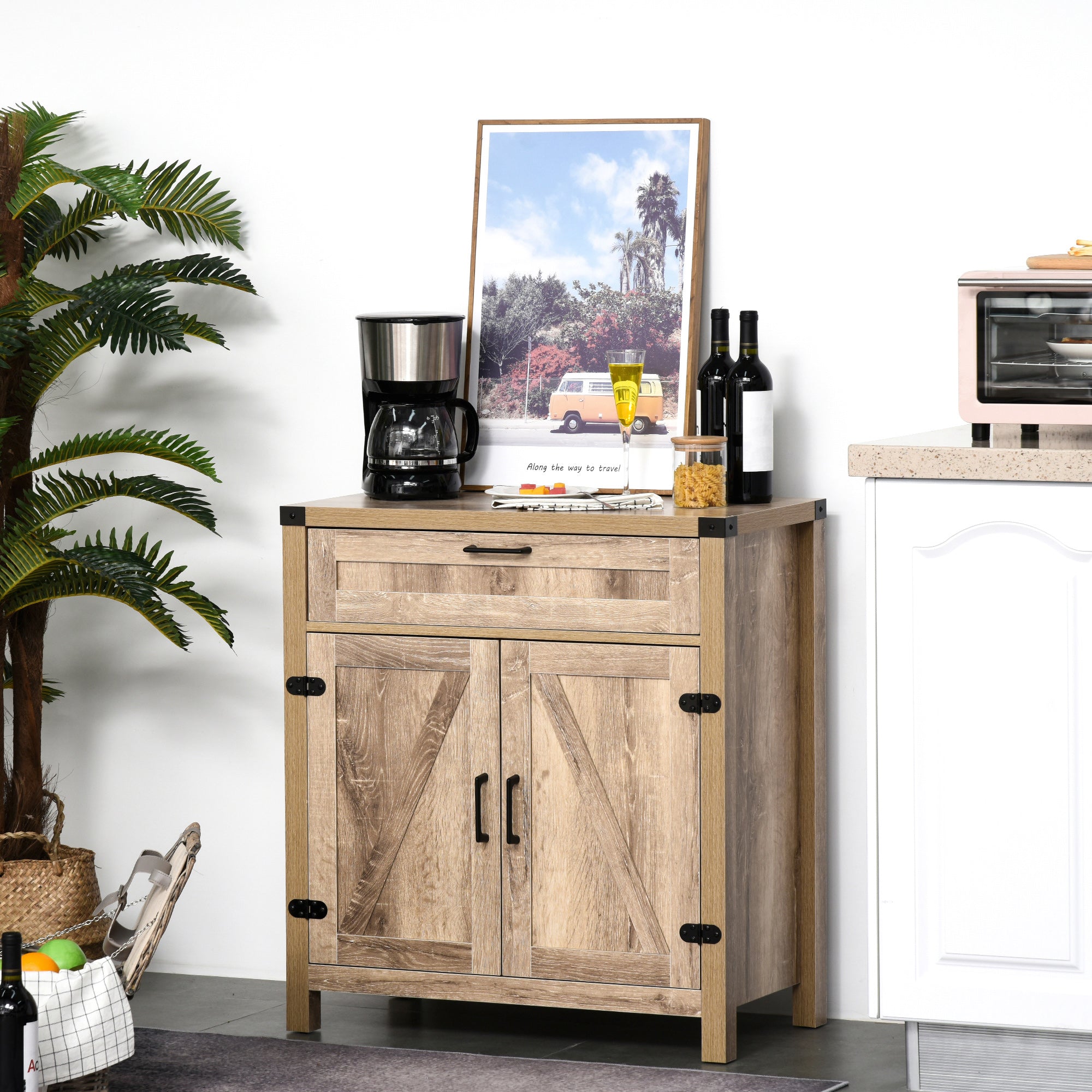 HOMCOM Sideboard Buffet Cabinet, Farmhouse Kitchen Storage Cabinet with Rustic Barn Door and Drawer, Oak