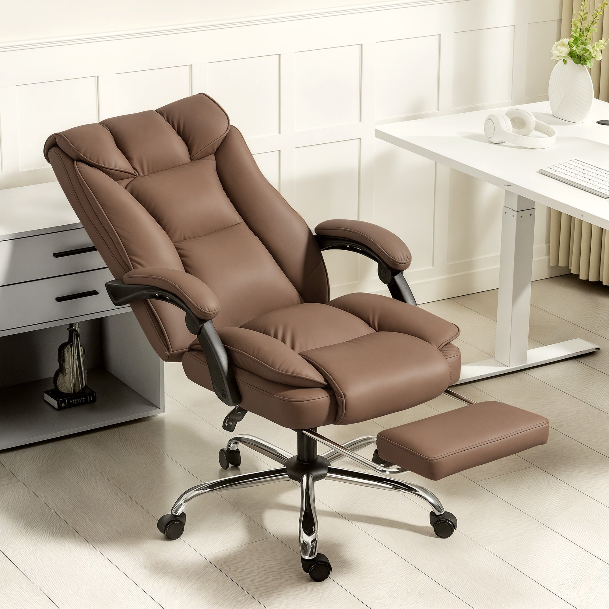 Executive Office Chair with Footrest, Pet-Friendly Leather Reclining Ergonomic Computer Desk Chair with Double-Layer Padding, Upholstered Swivel Recliner for Home Office, Working, Brown