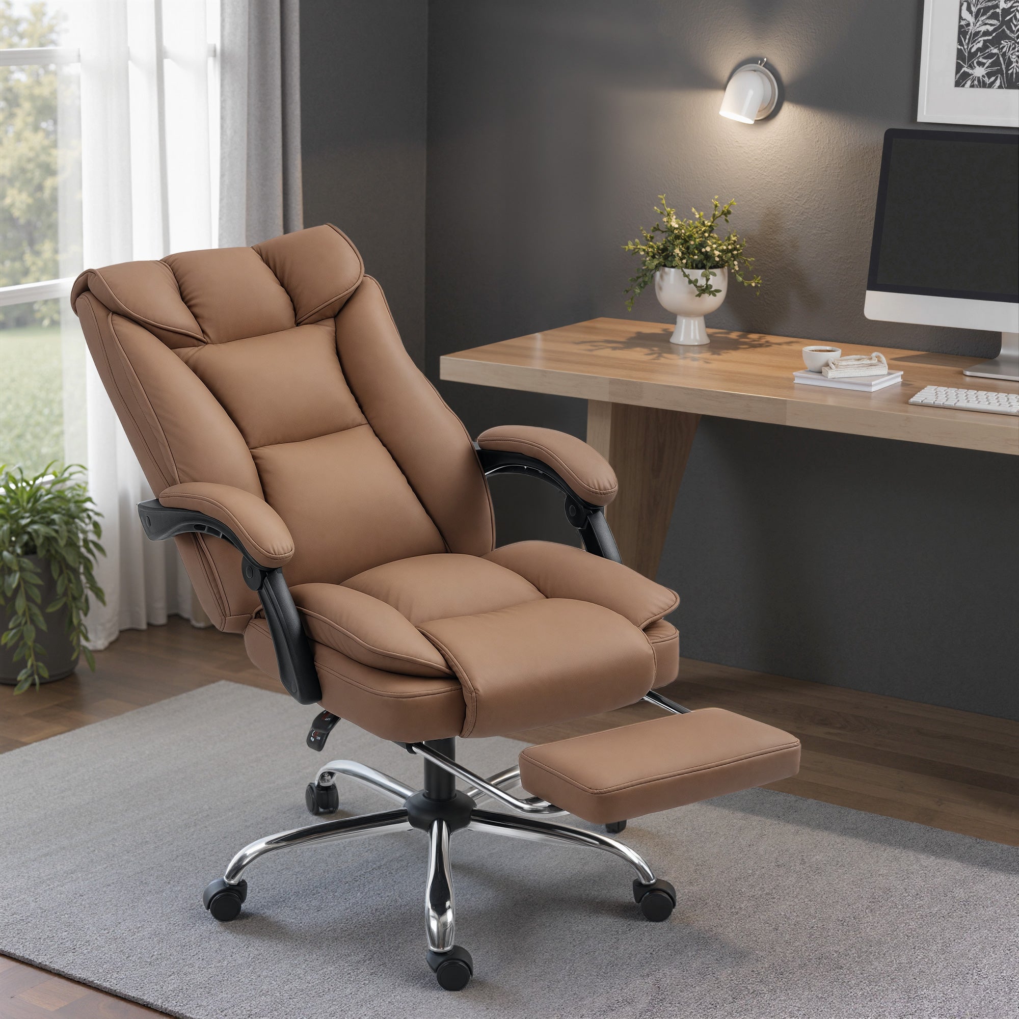 Executive Office Chair with Footrest, Pet-Friendly Leather Reclining Ergonomic Computer Desk Chair with Double-Layer Padding, Upholstered Swivel Recliner for Home Office, Working, Brown