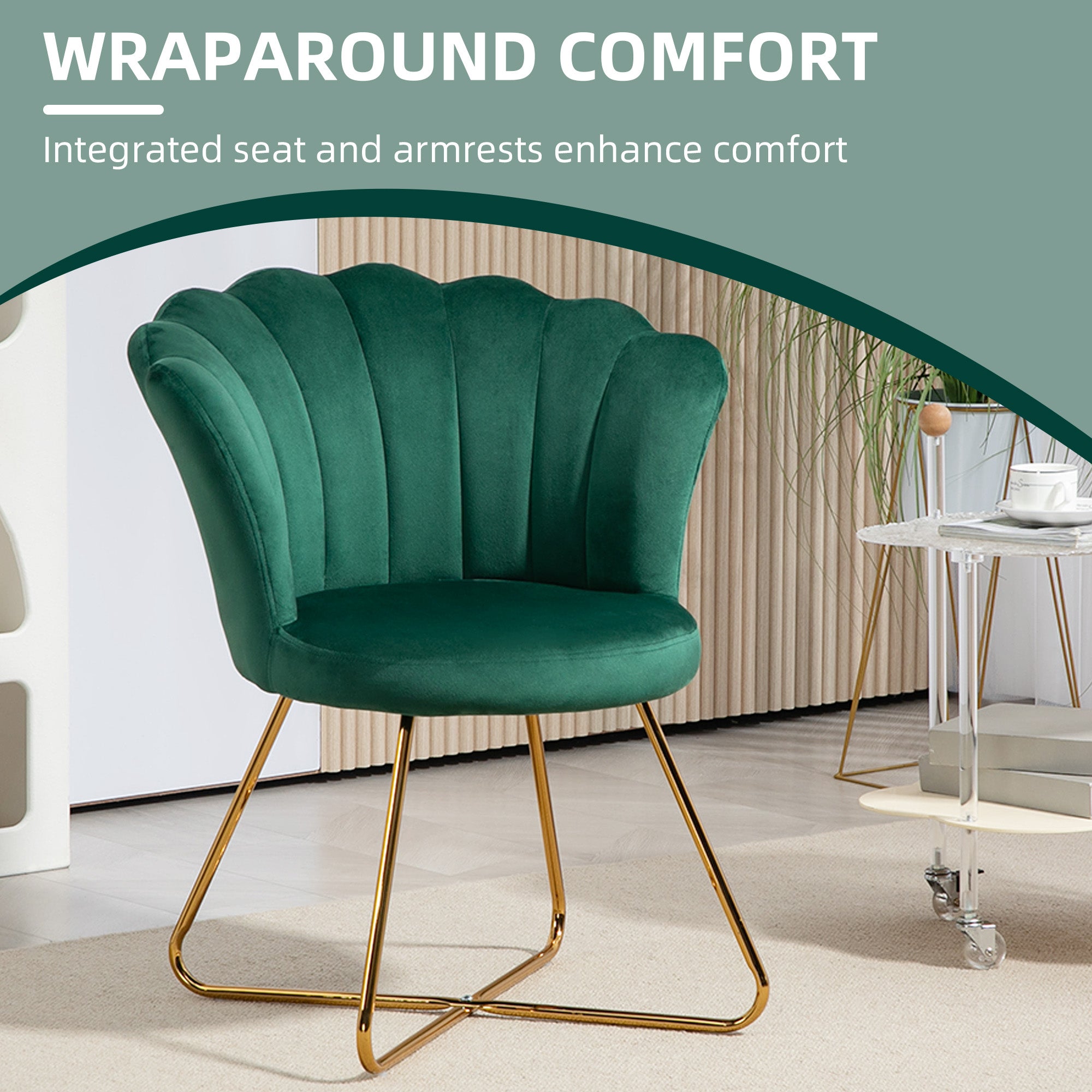 HOMCOM Modern Armchair, Velvet Tufted Accent Chair with Lotus Backrest, Occasional Chair with Steel Legs for Living Room, Bedroom, Green