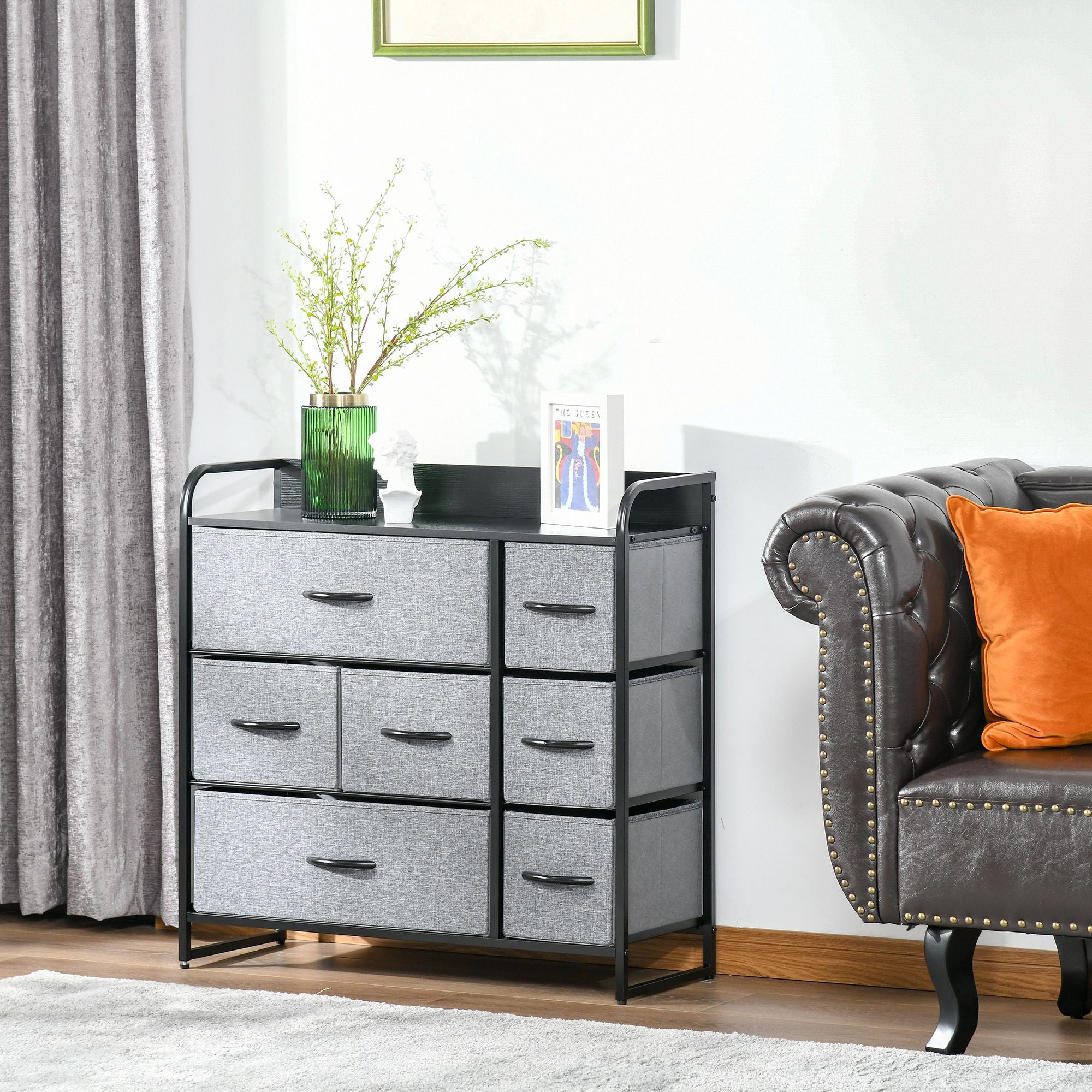HOMCOM 7-Drawer Dresser, Fabric Chest of Drawers, 3-Tier Storage Tower with Steel Frame and Wooden Top for Bedroom, Nursery Room, Black