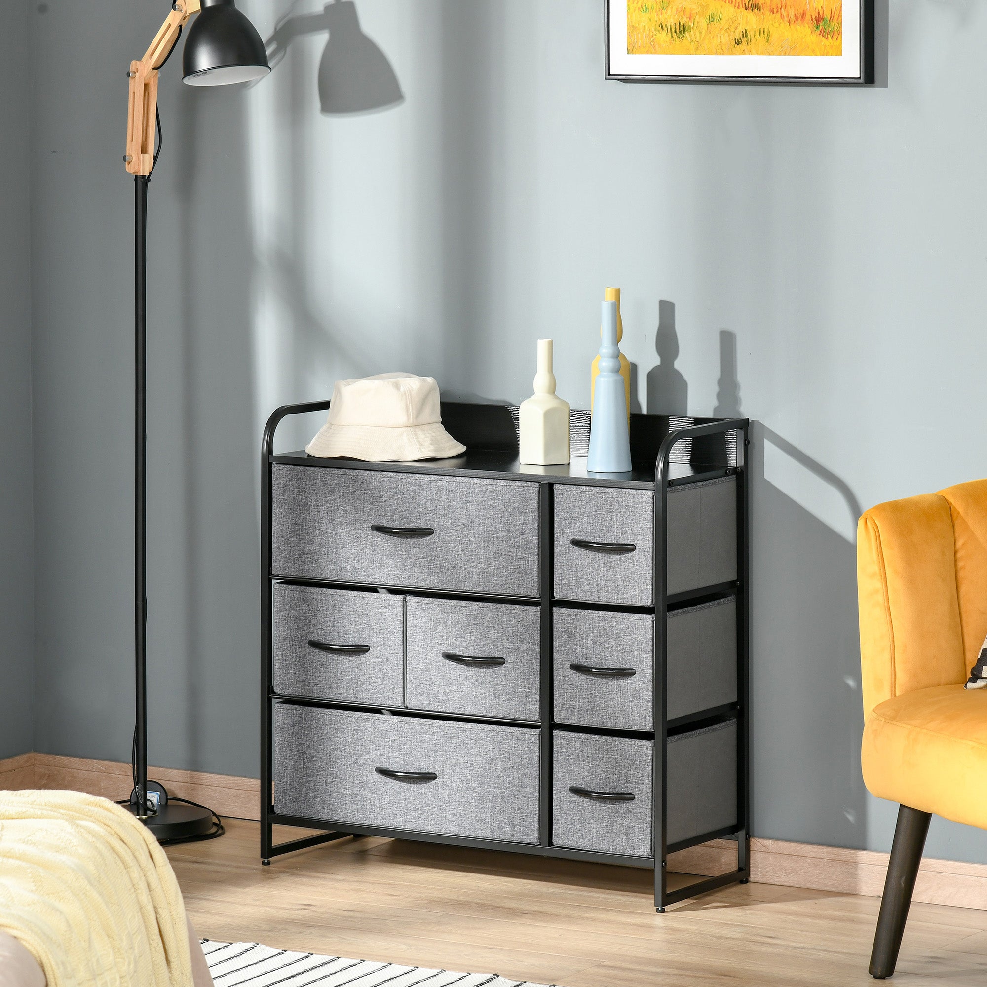 HOMCOM 7-Drawer Dresser, Fabric Chest of Drawers, 3-Tier Storage Tower with Steel Frame and Wooden Top for Bedroom, Nursery Room, Black