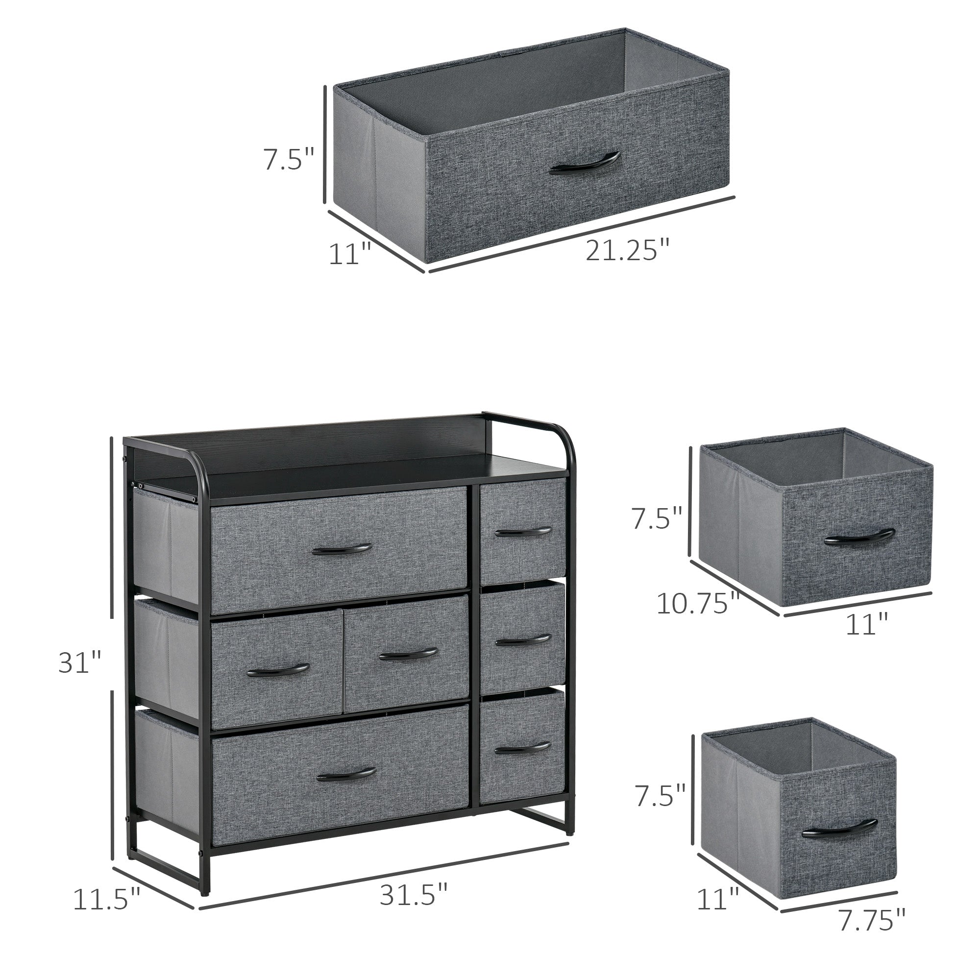 HOMCOM 7-Drawer Dresser, Fabric Chest of Drawers, 3-Tier Storage Tower with Steel Frame and Wooden Top for Bedroom, Nursery Room, Black