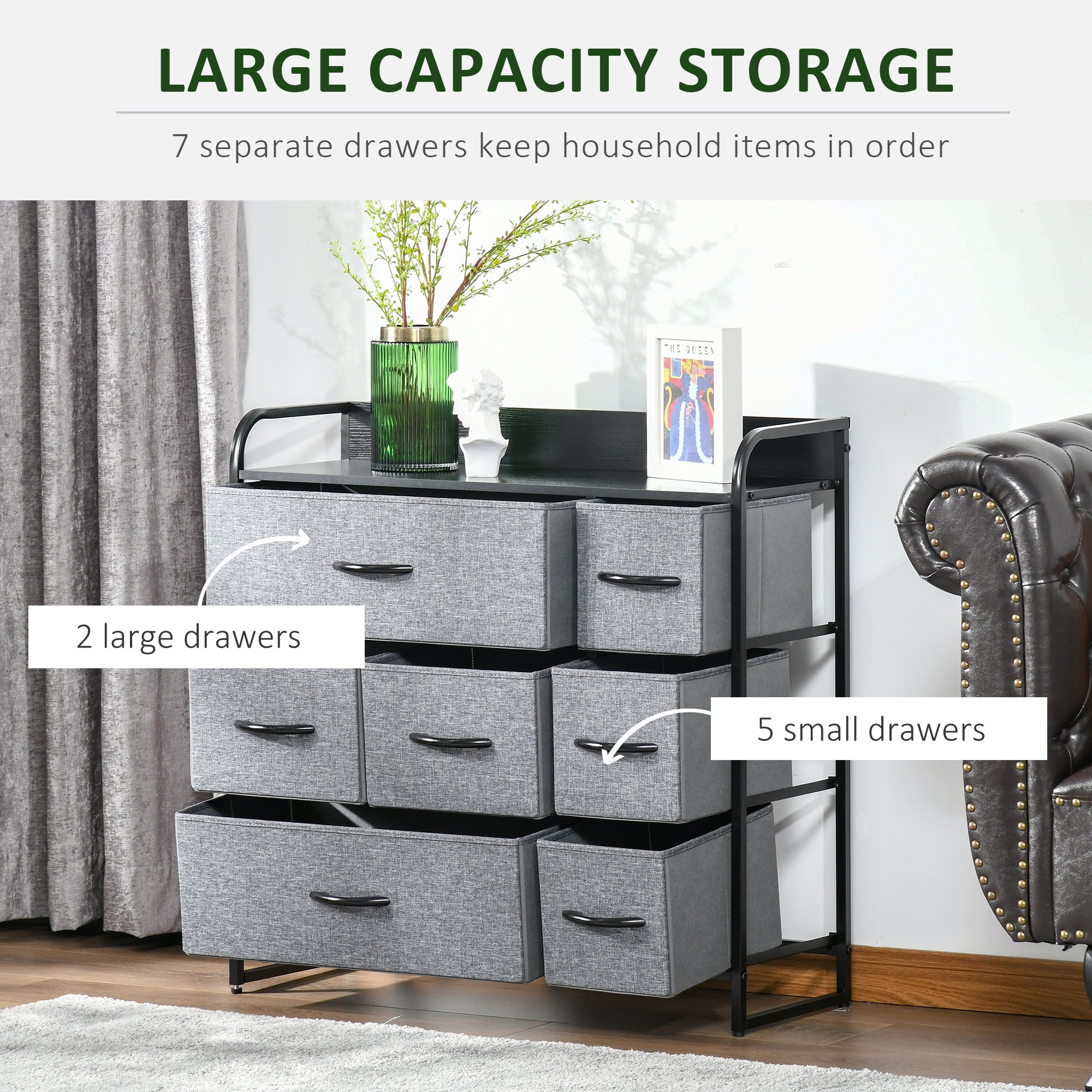 7-Drawer Dresser, Fabric Chest of Drawers, 3-Tier Storage Tower with Steel Frame and Wooden Top for Bedroom, Nursery Room, Black