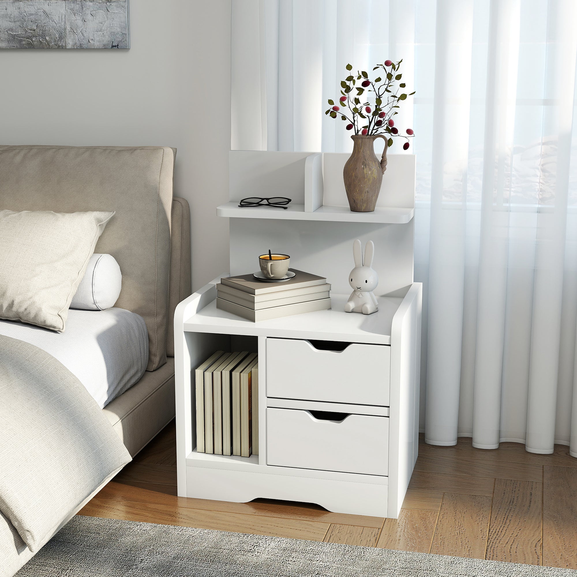 Bedside Table, Small Bedside Cabinet with 2 Drawers and Storage Shelves, Modern Nightstand for Bedroom, High Gloss White