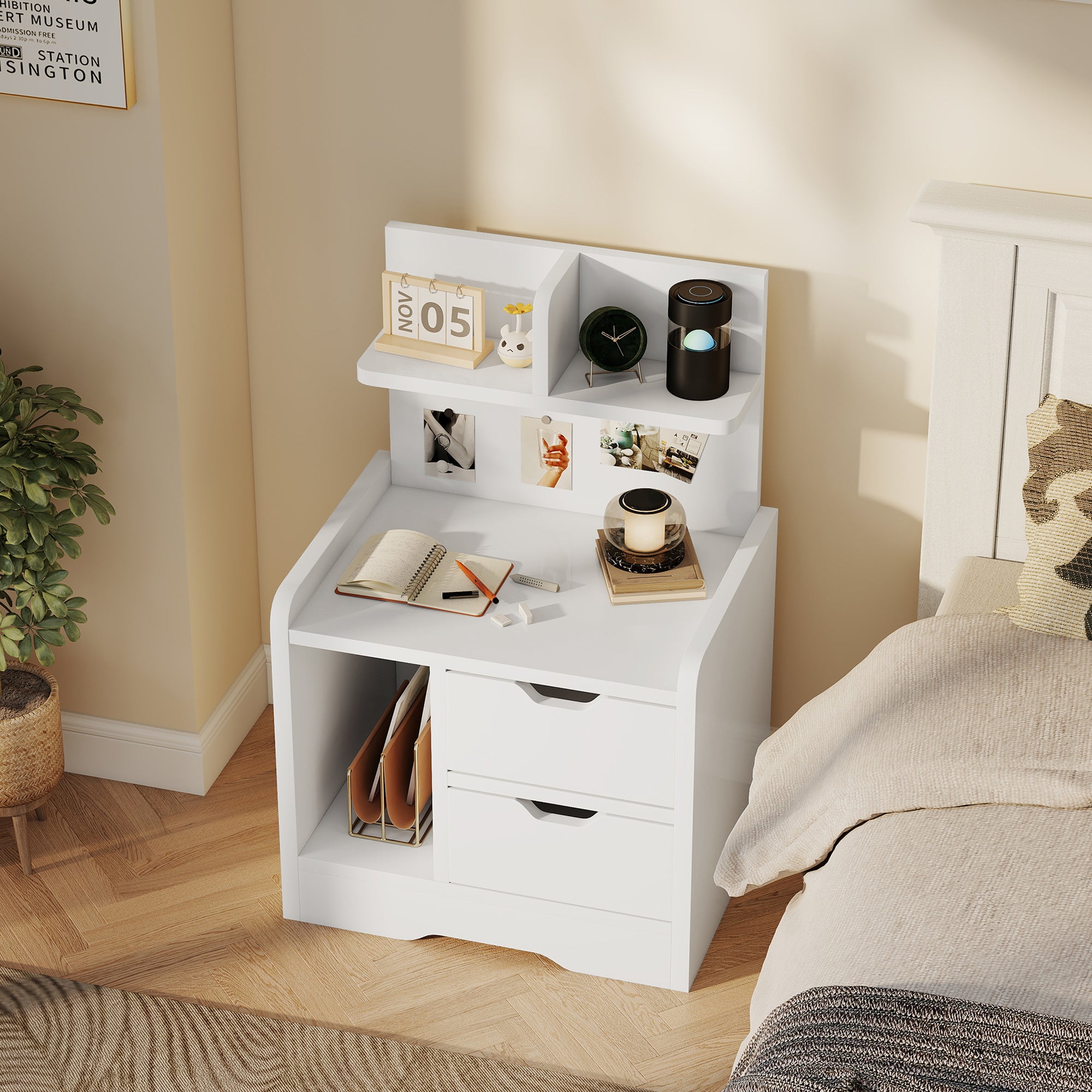 Bedside Table, Small Bedside Cabinet with 2 Drawers and Storage Shelves, Modern Nightstand for Bedroom, High Gloss White