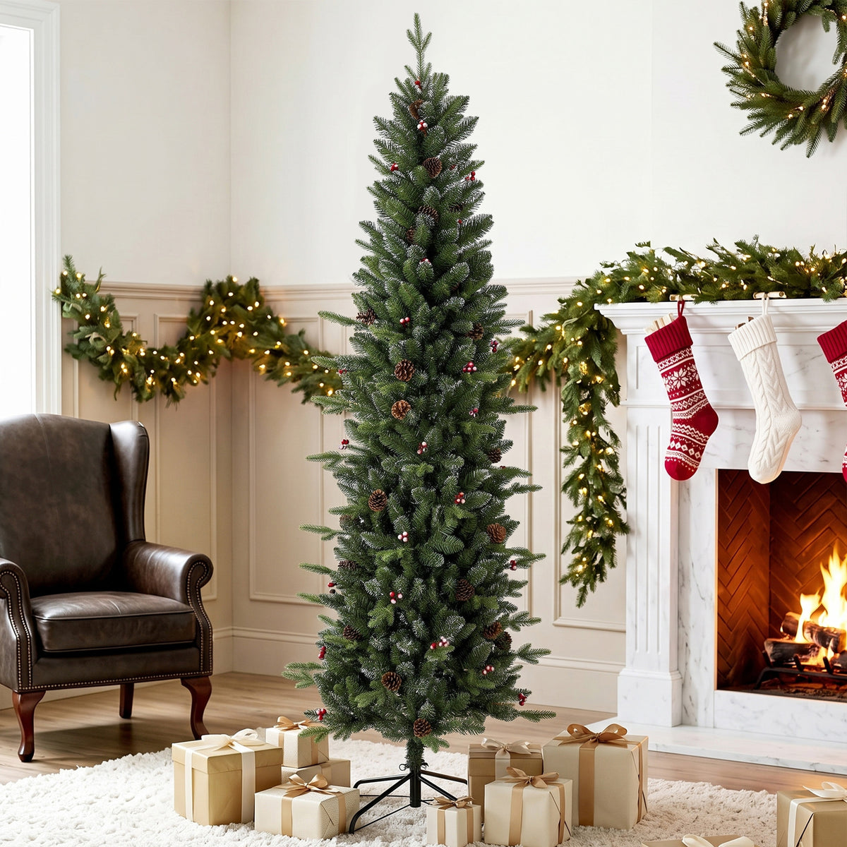 7ft/210cm Artificial Christmas Tree, Slim Gracious Pine Xmas Tree with 904 Branch Tips, Foldable Steel Stand, Easy Assembly for Home Office Holiday Decoration, Green