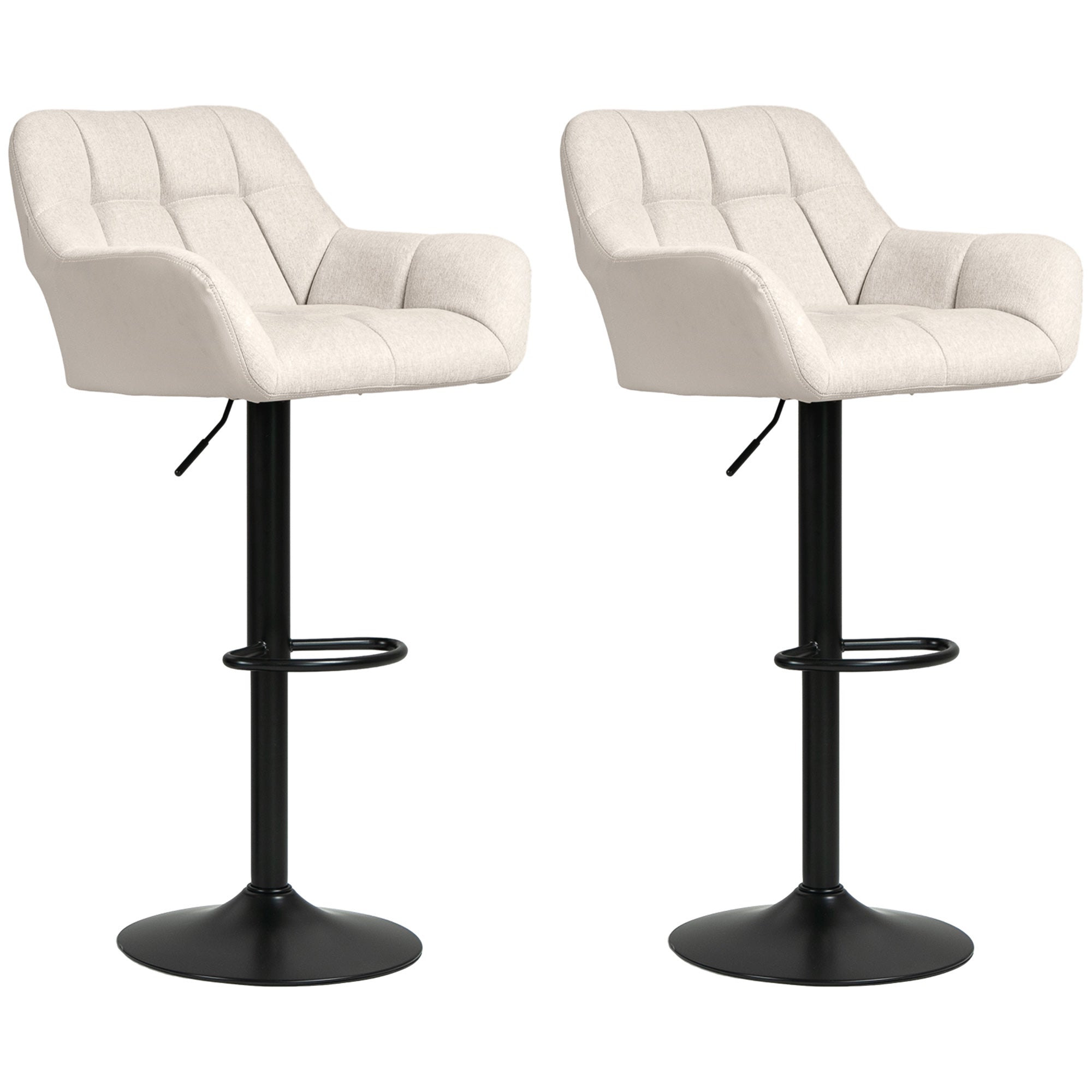 HOMCOM Adjustable Bar Stools Set of 2, Swivel Tufted Linen Fabric Barstools with Footrest and Armrests, Bar Chairs for Kitchen Counter and Dining Room, Cream White