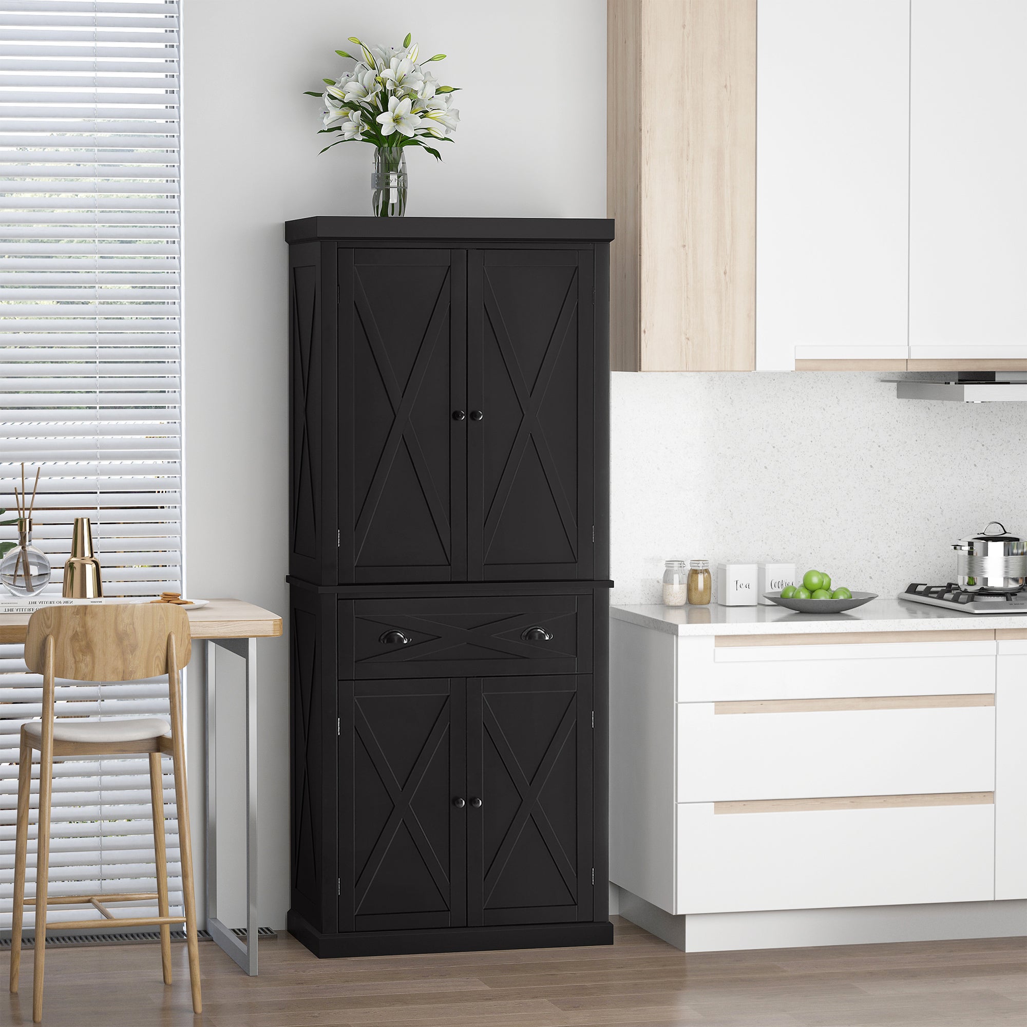 72 Kitchen Pantry Storage Cabinet Traditional Freestanding Cupboard W 4 Doors 2 Shelves Black