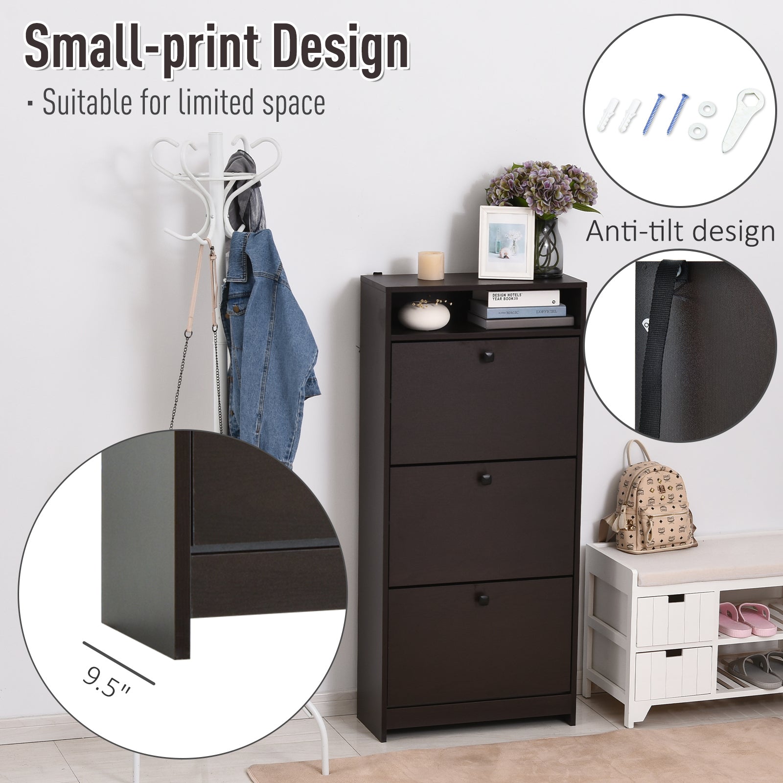 Slim Shoe Storage Rack with 3 Large Fold Out Drawers & Spacious Top Espresso