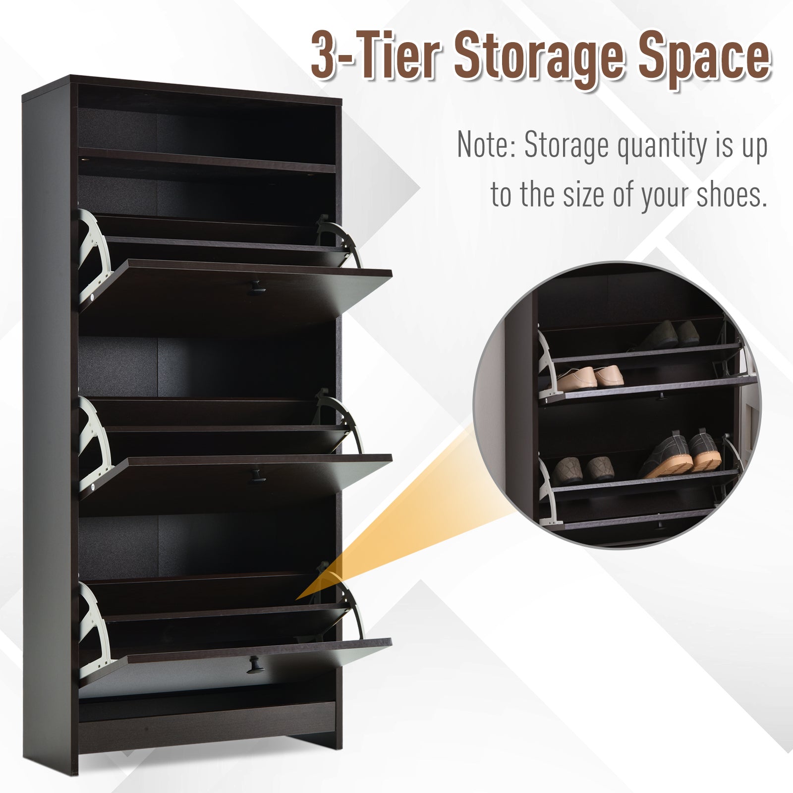 Slim Shoe Storage Rack with 3 Large Fold Out Drawers & Spacious Top Espresso