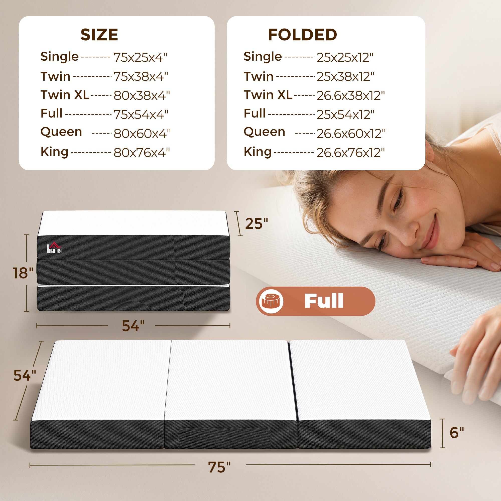 Trifold Mattress, 6 Inch Memory Foam Foldable Mattress, Full Portable Folding Floor Bed with Washable Cover, Cooling Gel Topper for Guest, Camping, RV, Travel, Yoga, Made in USA, 75" x 54" x 6"