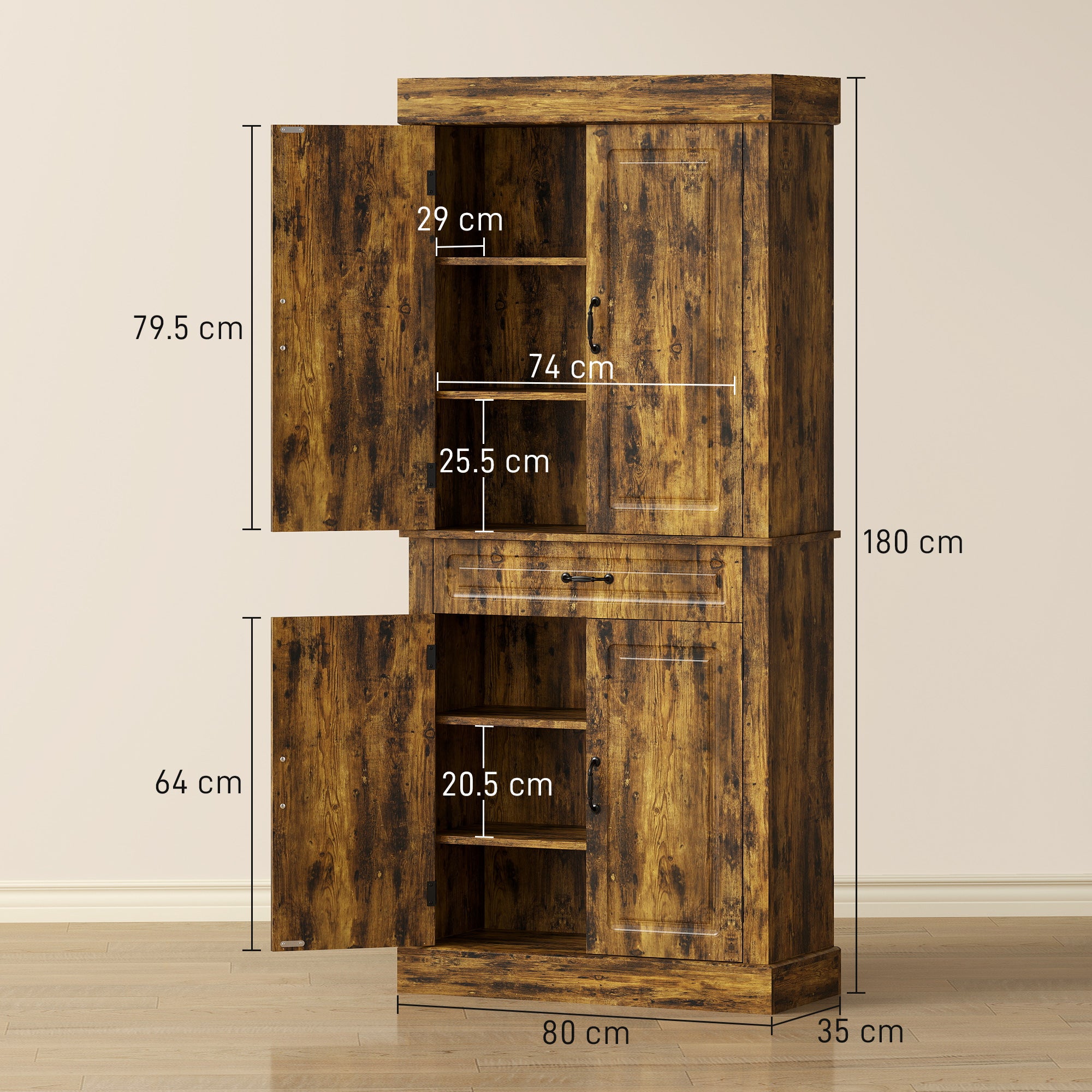 Kitchen Cupboard with 4 Doors, Freestanding Storage Cabinet with Wide Drawer and Shelves for Living Room, 180cm,Brown