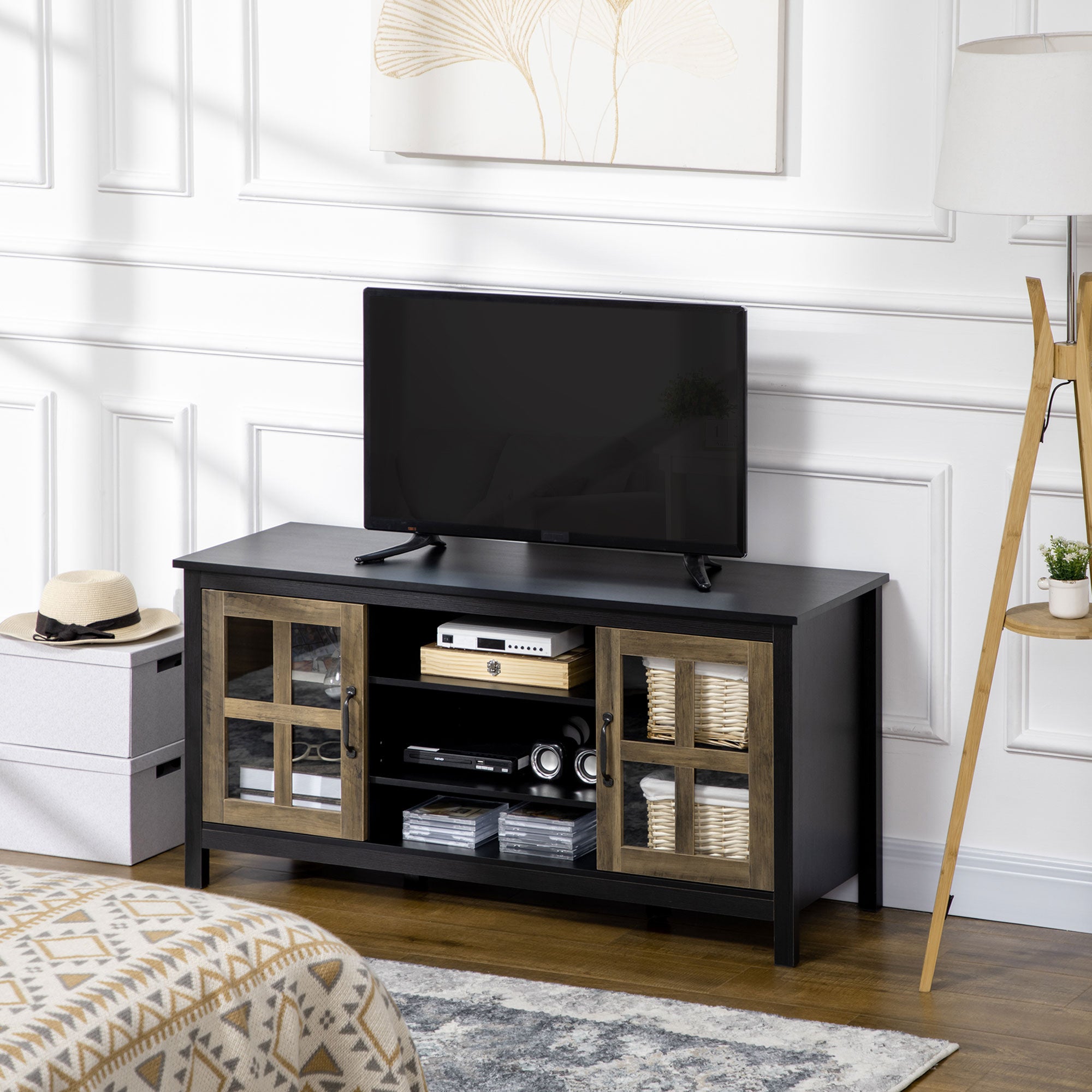 HOMCOM TV Stand for TVs up to 55 Inches, TV Cabinet with Adjustable Shelves and Cable Holes, TV Bench for Living Room, Black