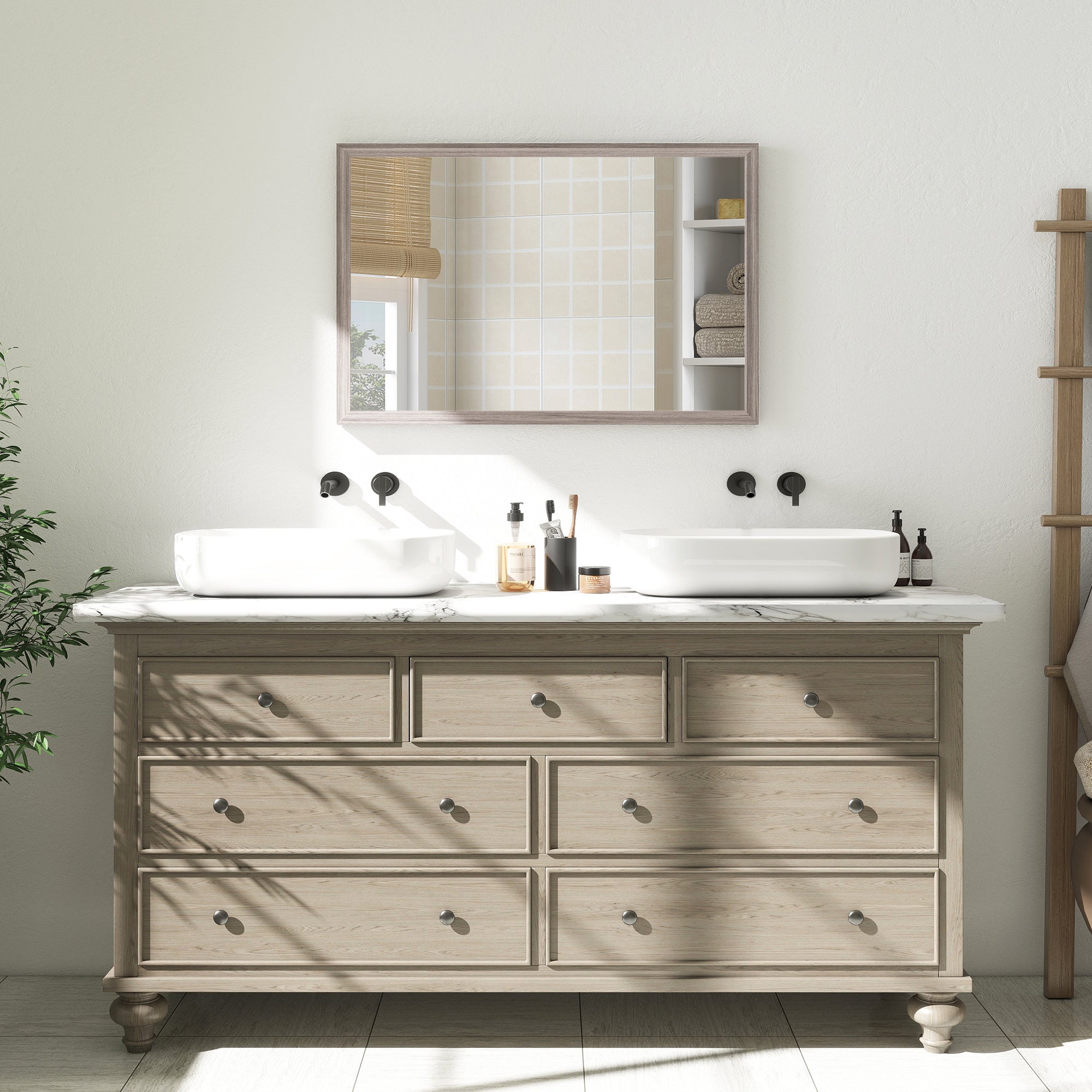 Decorative Rectangular Wall Mirror, 40W x 60H cm Wall-Mounted Bathroom Mirror for Living Room, Bedroom, Hallway, Grey Wood Grain