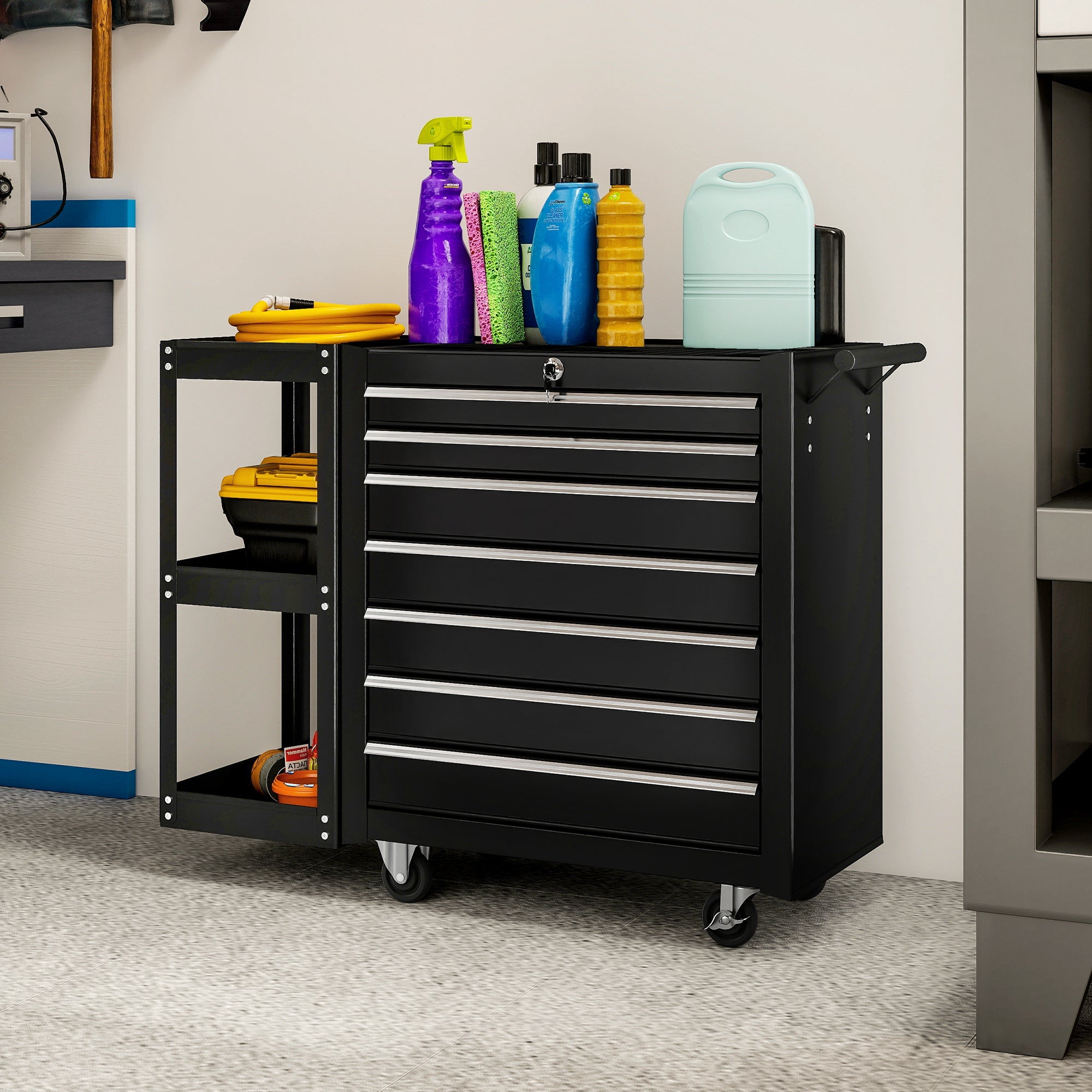 7 Drawer Tool Box, Lockable Steel Tool Chest on Wheels, Rolling Tool Cabinet with 7 Drawers and Handle for Workshop, Garage, Black