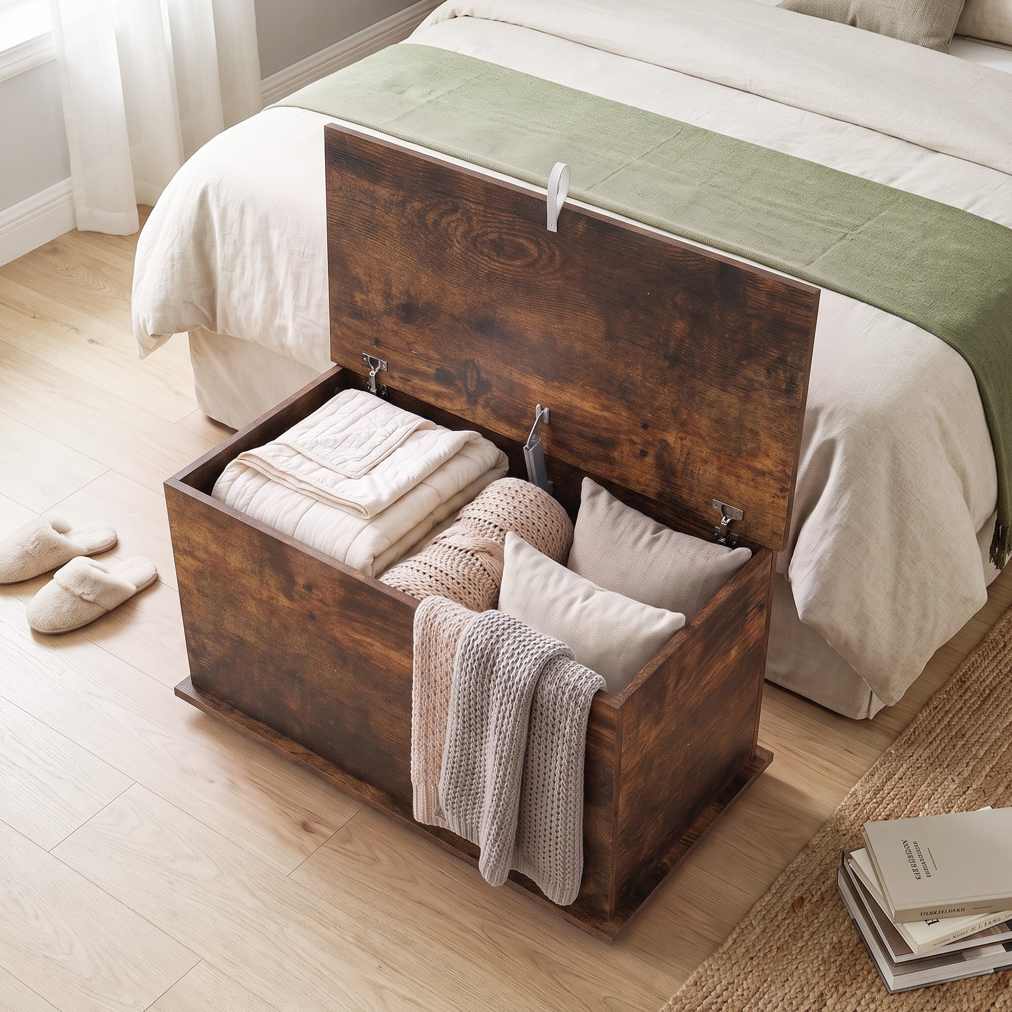 Storage Chest, Large 102L Blanket Box, Shoe Bench with Safety Hinged Lid, Storage Trunk, Bed End Bench for Bedroom, Hallway, Living room, Playroom, 80 x 40 x 45cm, Rustic Brown