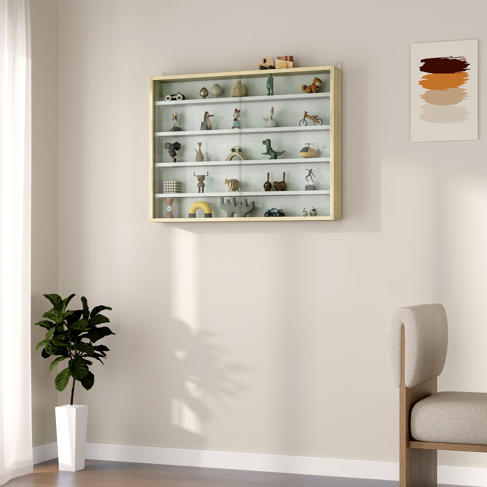 5-Tier Display Cabinet, Glass Door Cabinet with Adjustable Shelves, Wall-Mounted Display Case for Playroom, Bedroom, Oak and White