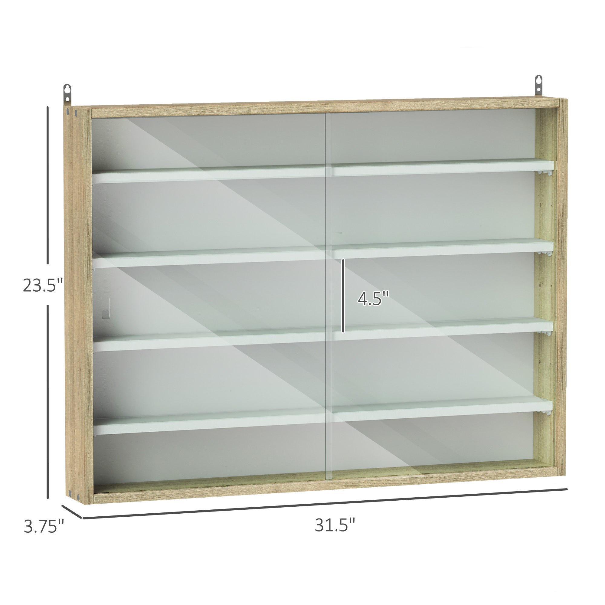 5-Tier Display Cabinet, Glass Door Cabinet with Adjustable Shelves, Wall-Mounted Display Case for Playroom, Bedroom, Oak and White
