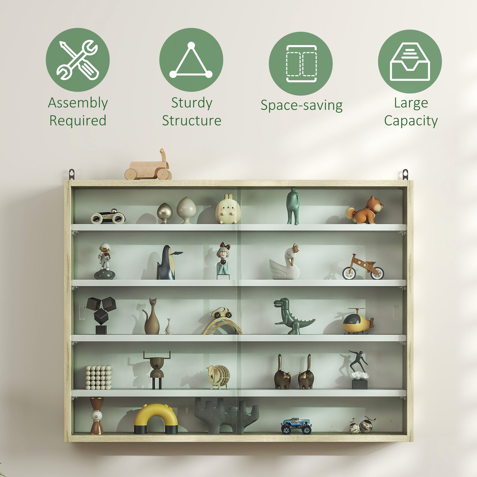 5-Tier Display Cabinet, Glass Door Cabinet with Adjustable Shelves, Wall-Mounted Display Case for Playroom, Bedroom, Oak and White