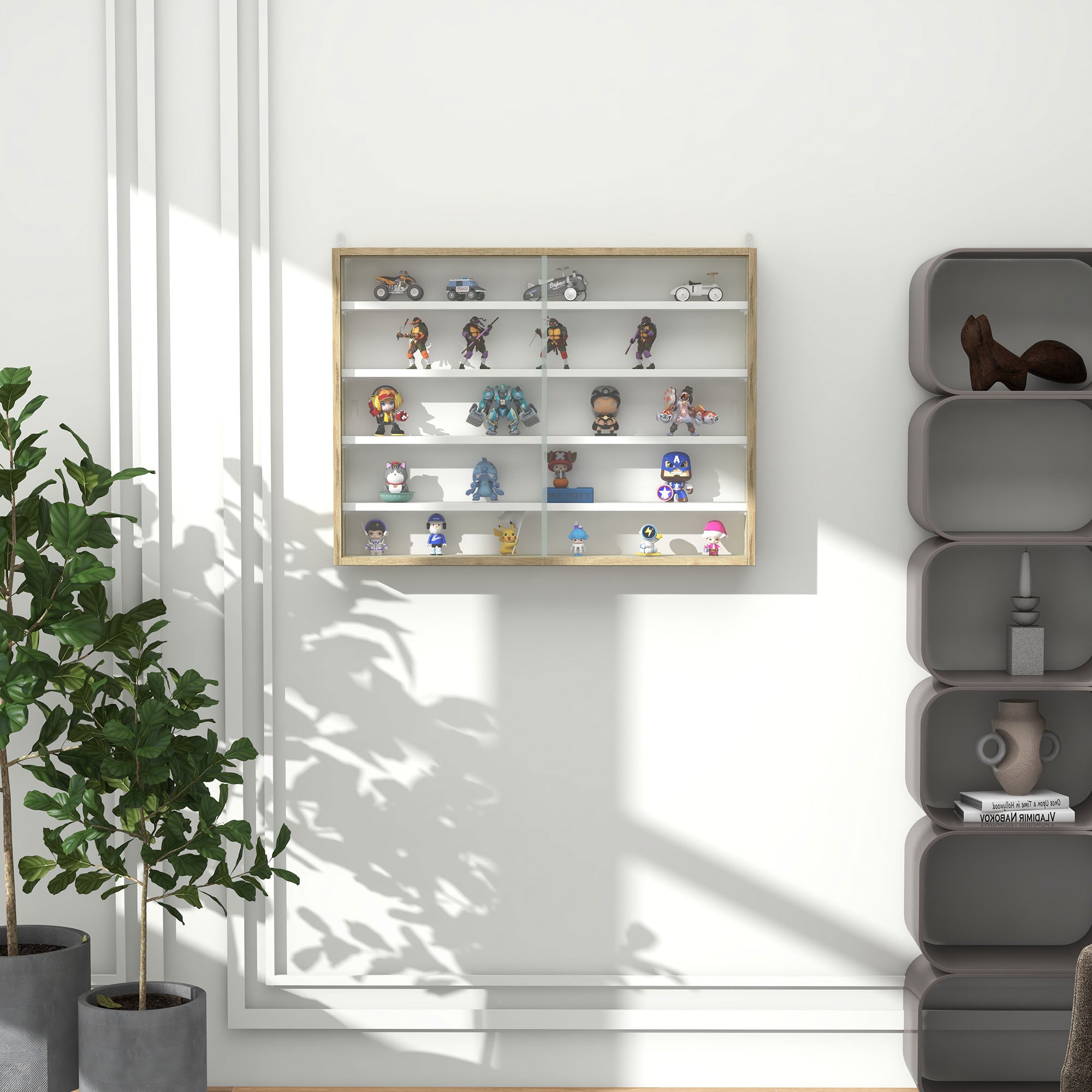 5-Tier Display Cabinet, Glass Door Cabinet with Adjustable Shelves, Wall-Mounted Display Case for Playroom, Bedroom, Oak and White