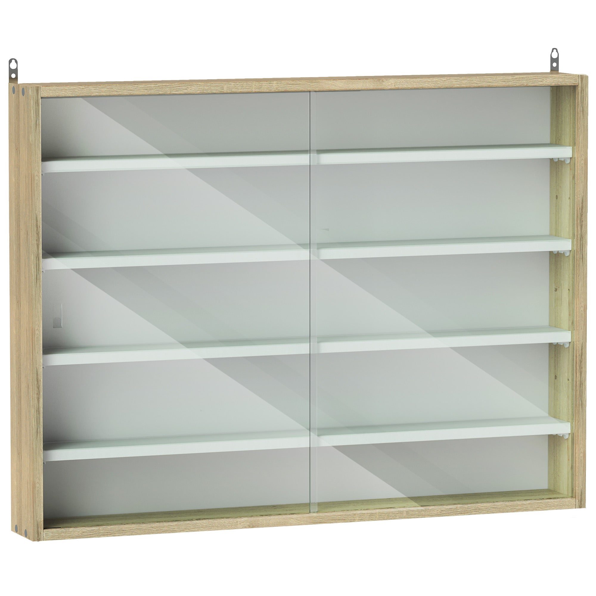 5-Tier Display Cabinet, Glass Door Cabinet with Adjustable Shelves, Wall-Mounted Display Case for Playroom, Bedroom, Oak and White