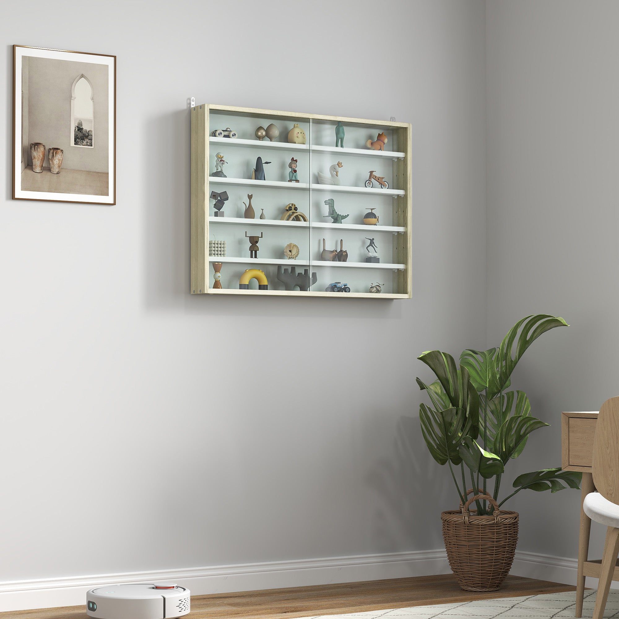 5-Tier Display Cabinet, Glass Door Cabinet with Adjustable Shelves, Wall-Mounted Display Case for Playroom, Bedroom, Oak and White