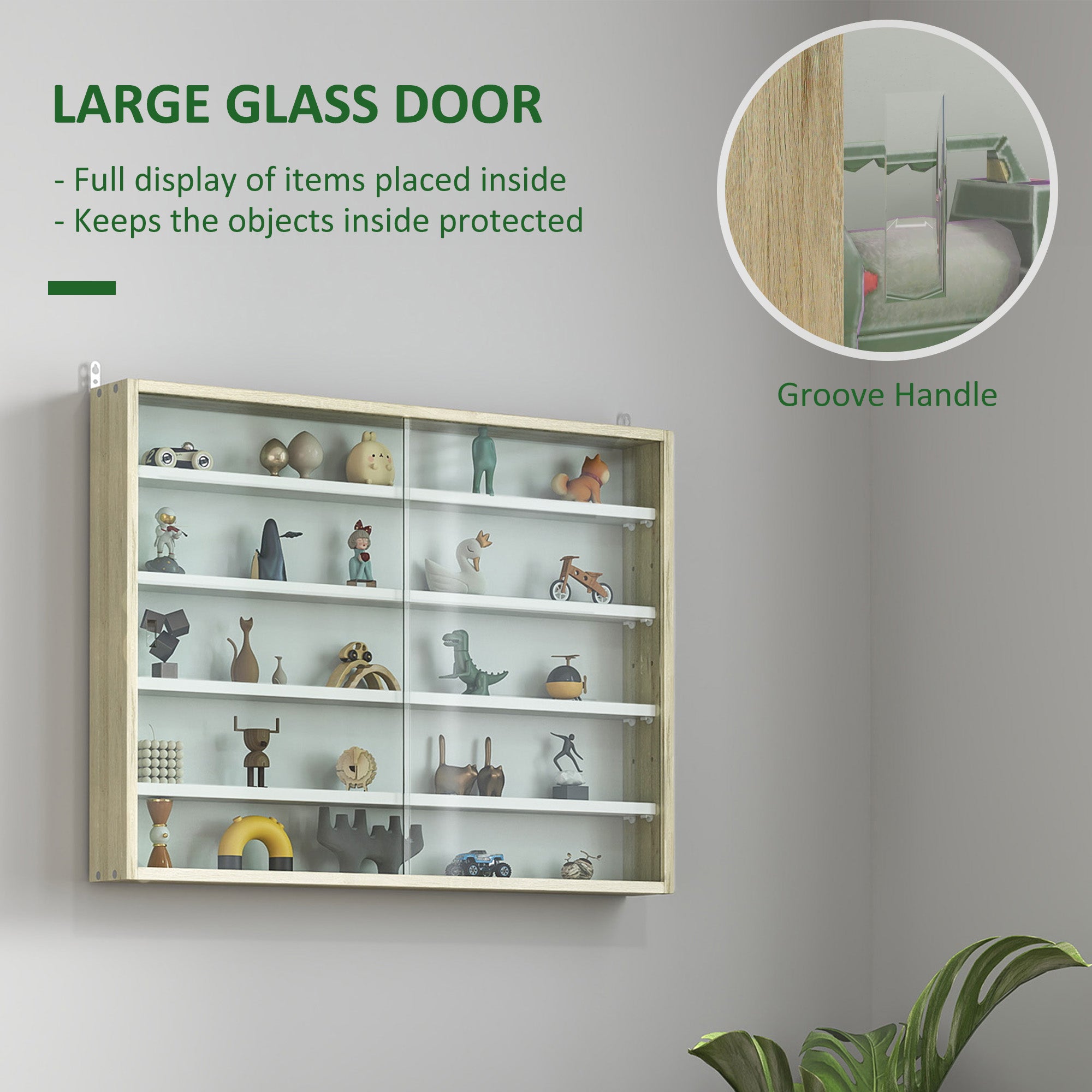 5-Tier Display Cabinet, Glass Door Cabinet with Adjustable Shelves, Wall-Mounted Display Case for Playroom, Bedroom, Oak and White