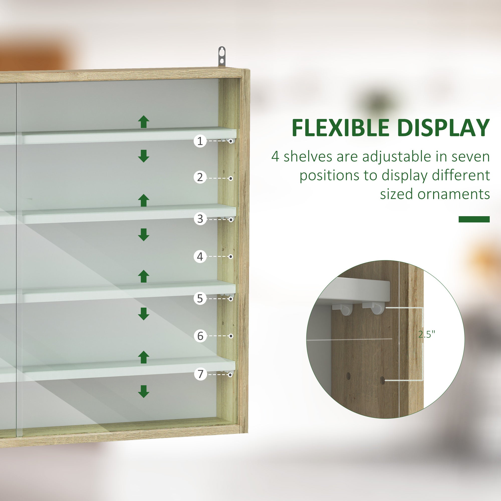 5-Tier Display Cabinet, Glass Door Cabinet with Adjustable Shelves, Wall-Mounted Display Case for Playroom, Bedroom, Oak and White