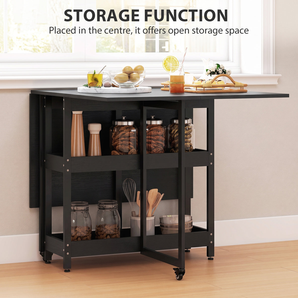 Folding Dining Table for 4, Space-Saving Drop-Leaf Kitchen Table with Storage Shelves and Wheels for Small Spaces, Dining Room or Kitchen, Black